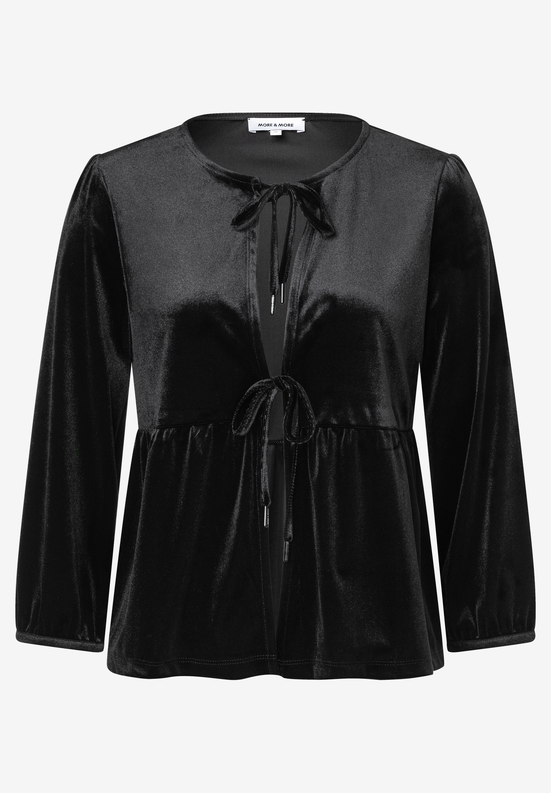 Schwarzes Samt-Oberteil von MORE & MORE mit langen Ärmeln und Bindebändern am Ausschnitt und an der Taille. Schwarzes Samt-Oberteil von MORE & MORE mit langen Ärmeln und Bindebändern am Ausschnitt und an der Taille.