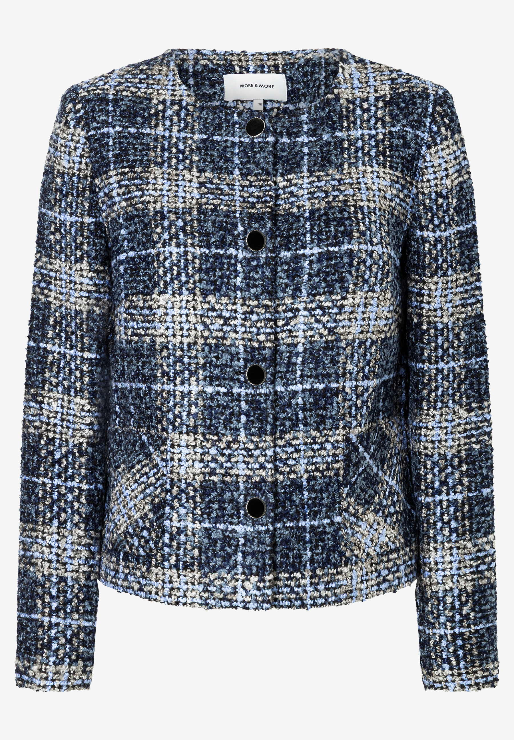 Eine MORE & MORE Bouclé-Jacke mit blauem Karomuster und schwarzen Knöpfen. Eine MORE & MORE Bouclé-Jacke mit blauem Karomuster und schwarzen Knöpfen.