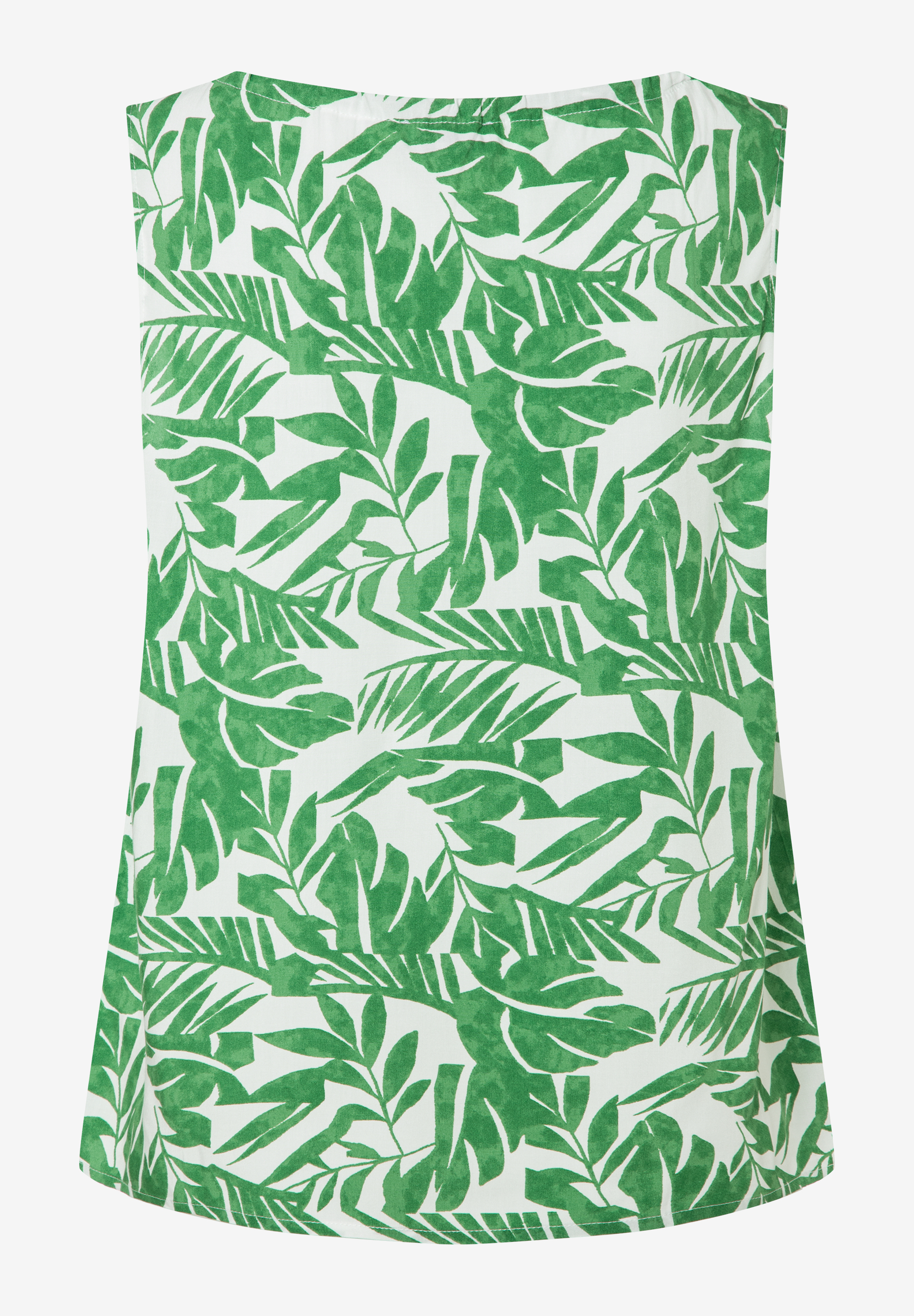 Eine MORE & MORE Bluse mit grünem Blätter-Muster auf weißem Grund. Eine MORE & MORE Bluse mit grünem Blätter-Muster auf weißem Grund.