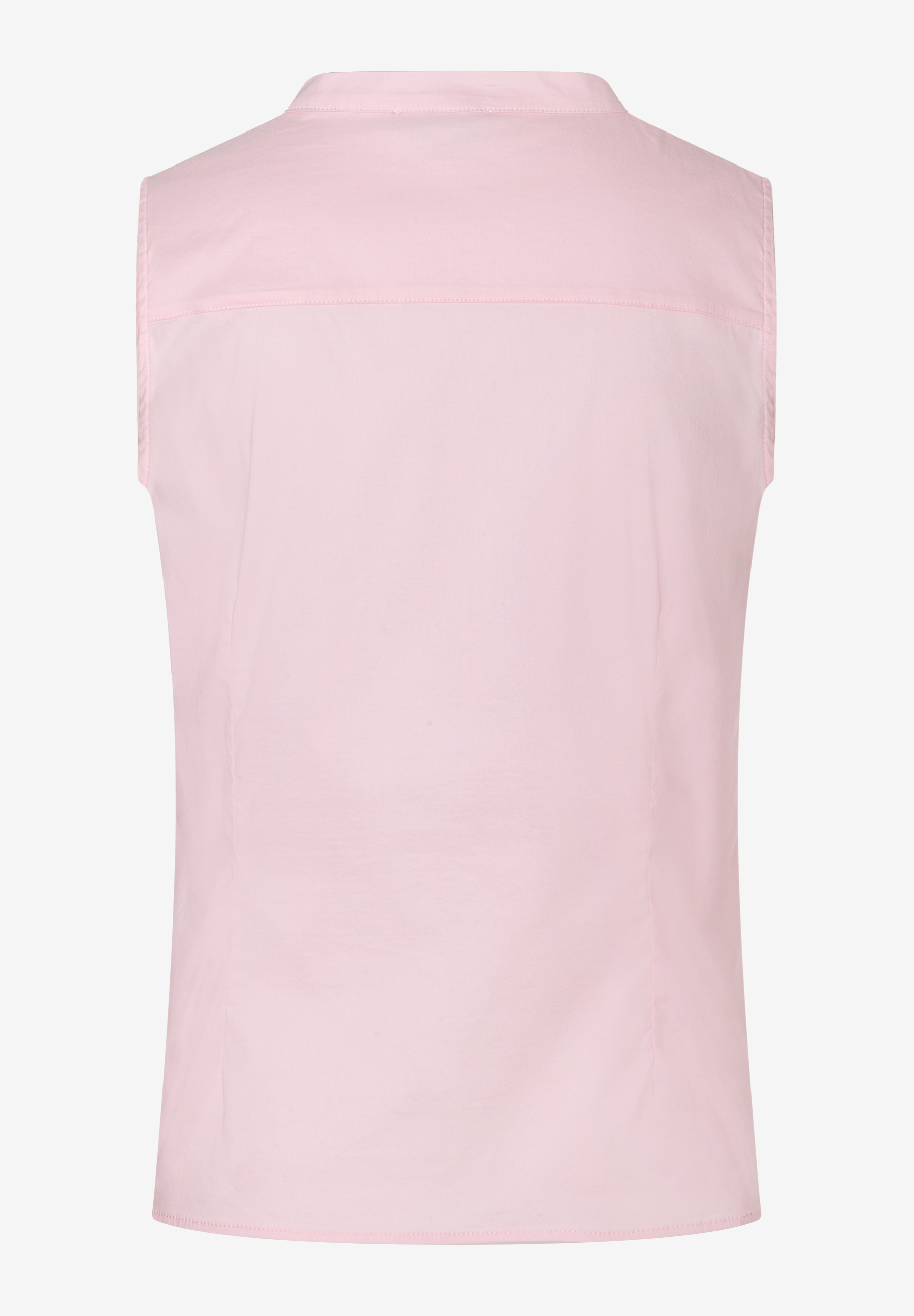 MORE & MORE ärmellose Bluse in Zartrosa, Rückansicht. Klassischer Kragen und durchgehende Knopfleiste am Rücken. Schlicht und elegant.