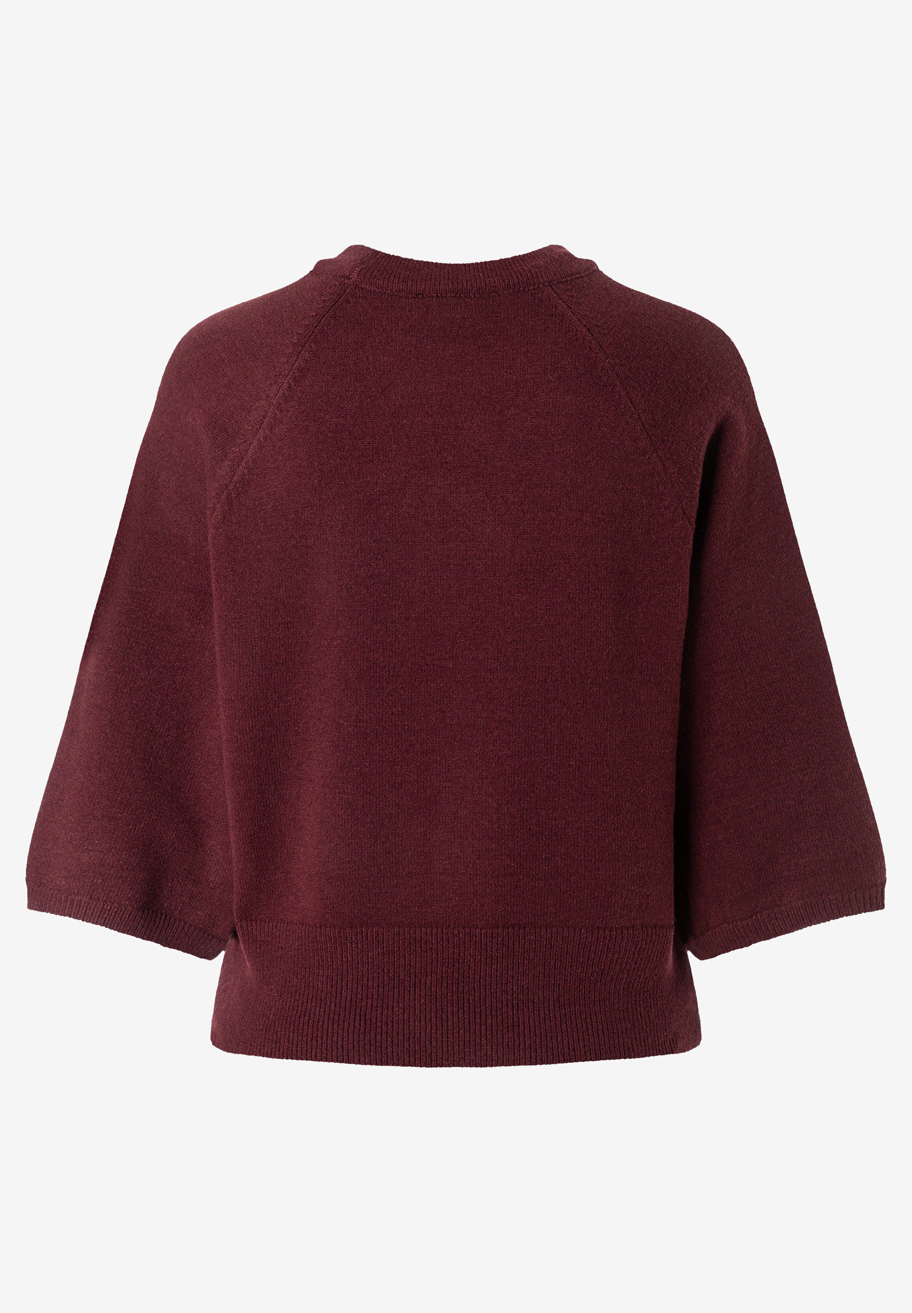 MORE & MORE dunkelroter Feinstrickpullover mit 3/4-Ärmeln und Rundhalsausschnitt auf weißem Hintergrund.