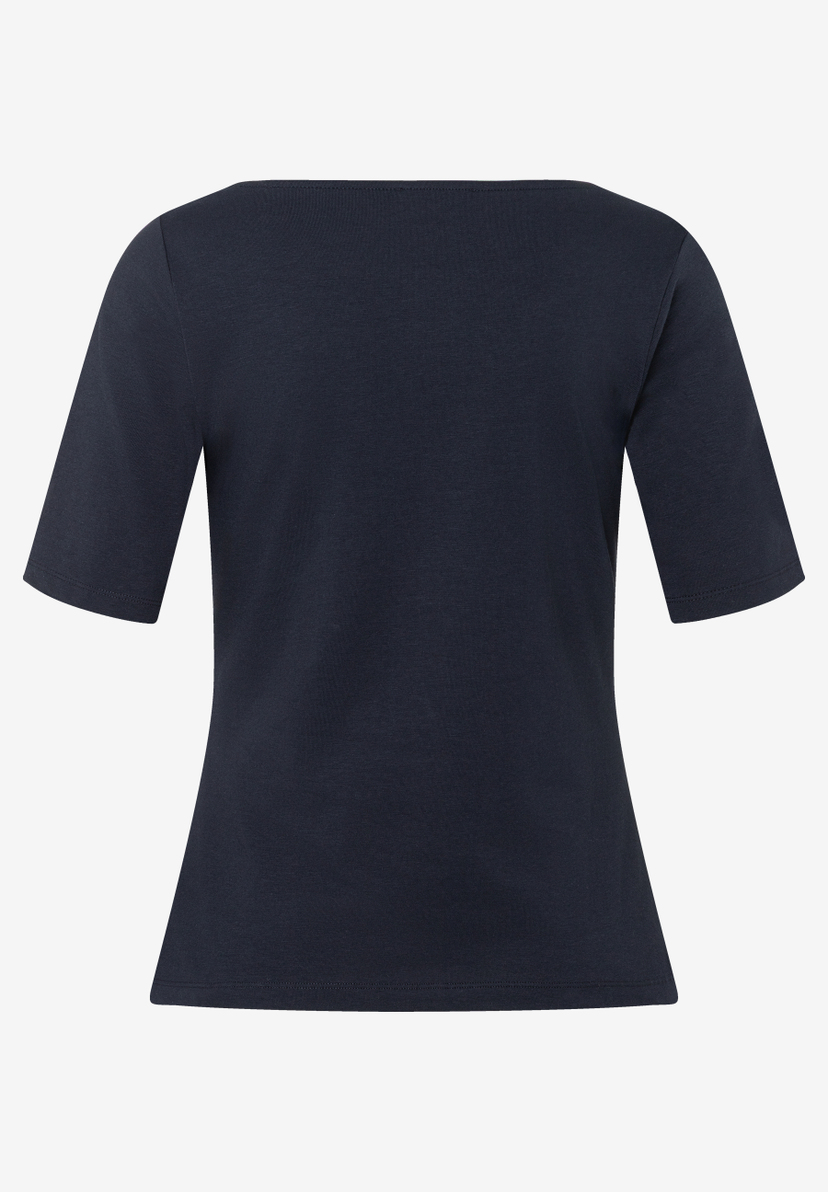Ein marineblaues, hautfreundliches MORE & MORE T-Shirt mit Jersey-Material und kurzen Ärmeln. Ein marineblaues, hautfreundliches MORE & MORE T-Shirt mit Jersey-Material und kurzen Ärmeln.
