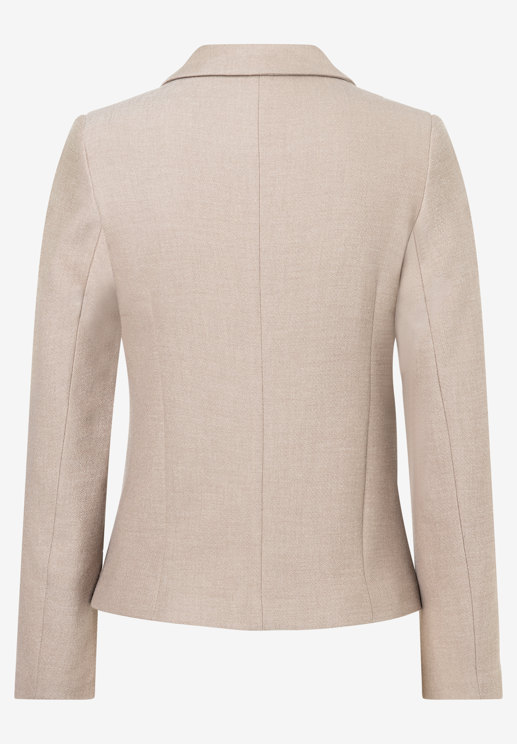 Rückenansicht eines beigen MORE & MORE Blazers, der tailliert geschnitten ist und lange Ärmel sowie einen Kragen hat. Rückenansicht eines beigen MORE & MORE Blazers, der tailliert geschnitten ist und lange Ärmel sowie einen Kragen hat.