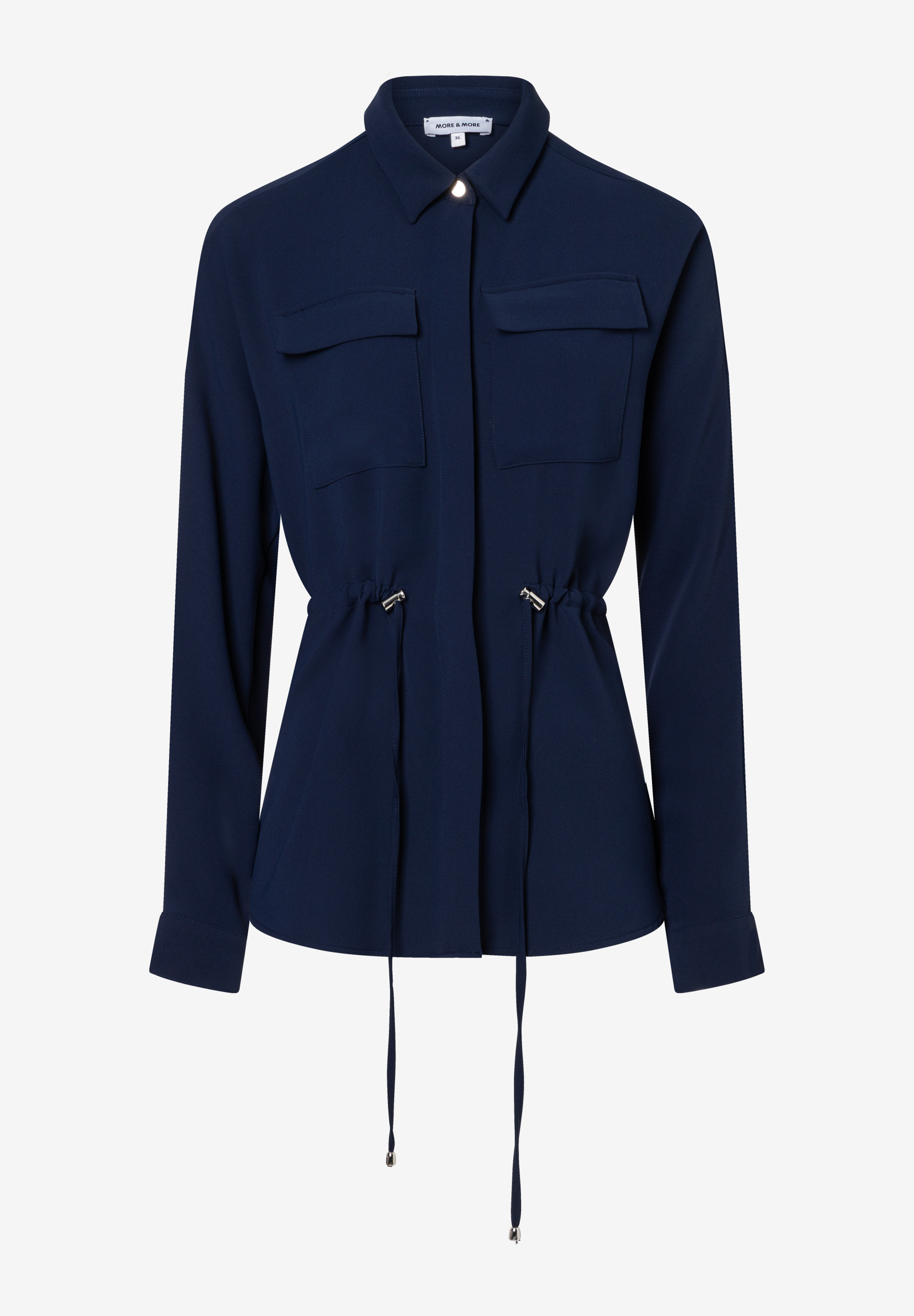 Eine dunkelblaue MORE & MORE Bluse mit langen Ärmeln und Kordelzug in der Taille.