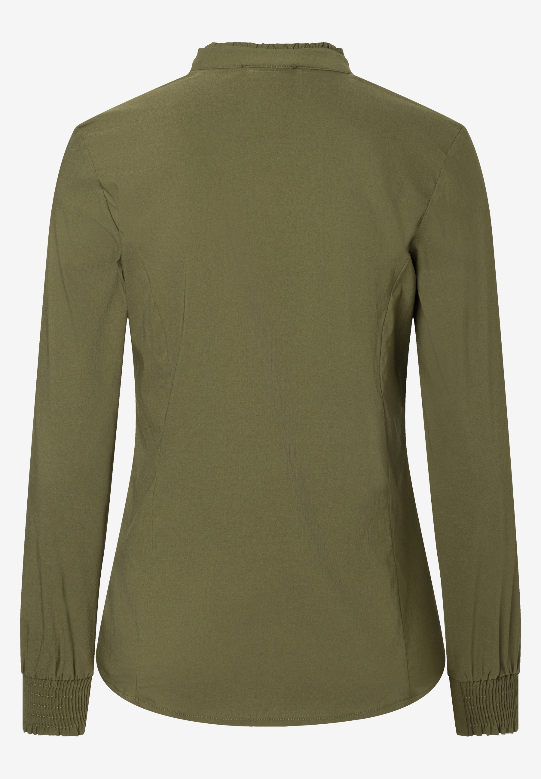 MORE & MORE Bluse in Olivgrün, hinten mit gerüschtem Kragen und gesmokten Ärmelbündchen MORE & MORE Bluse in Olivgrün, hinten mit gerüschtem Kragen und gesmokten Ärmelbündchen
