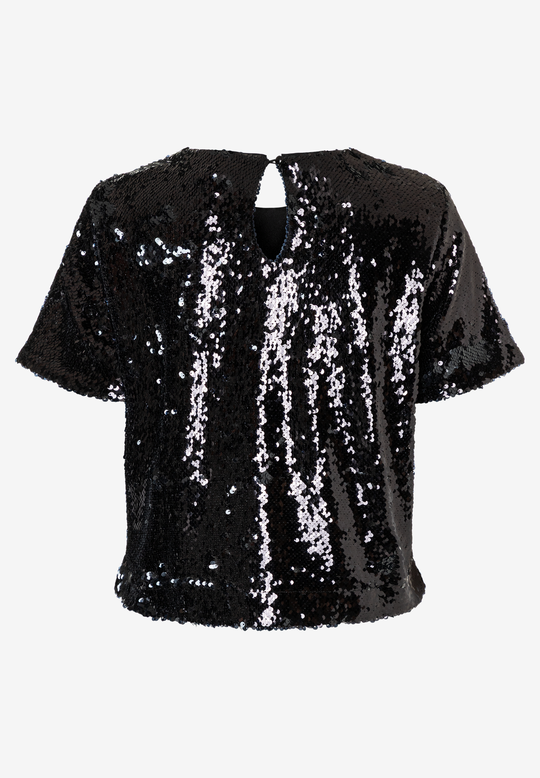 Pailletten-Bluse von MORE & MORE mit kurzem Arm und kleinem Tropfenausschnitt. Pailletten-Bluse von MORE & MORE mit kurzem Arm und kleinem Tropfenausschnitt.