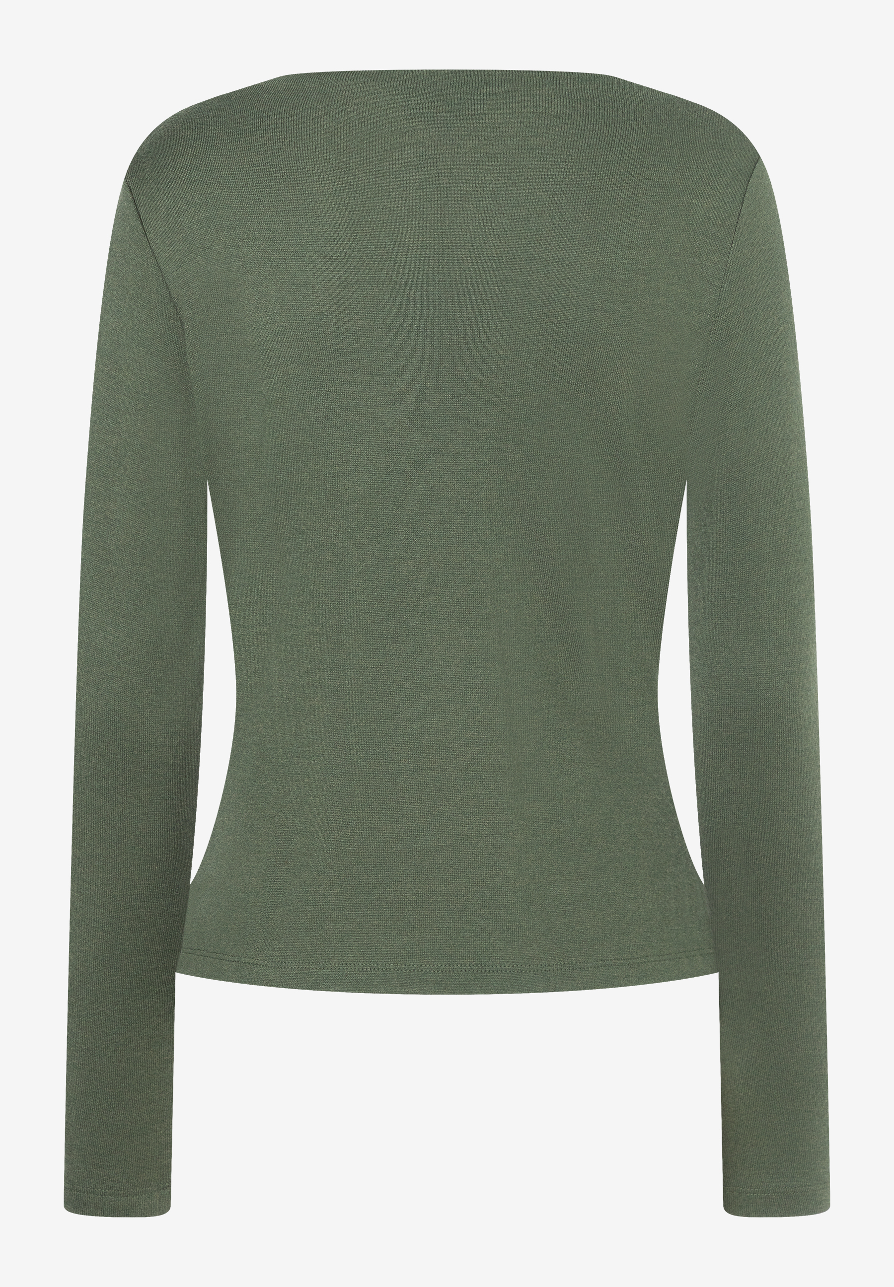 MORE & MORE Damen Langarm-Shirt in Olivgrün, Rückansicht. Schlichtes Top mit Rundhalsausschnitt und Rippstruktur. MORE & MORE Damen Langarm-Shirt in Olivgrün, Rückansicht. Schlichtes Top mit Rundhalsausschnitt und Rippstruktur.
