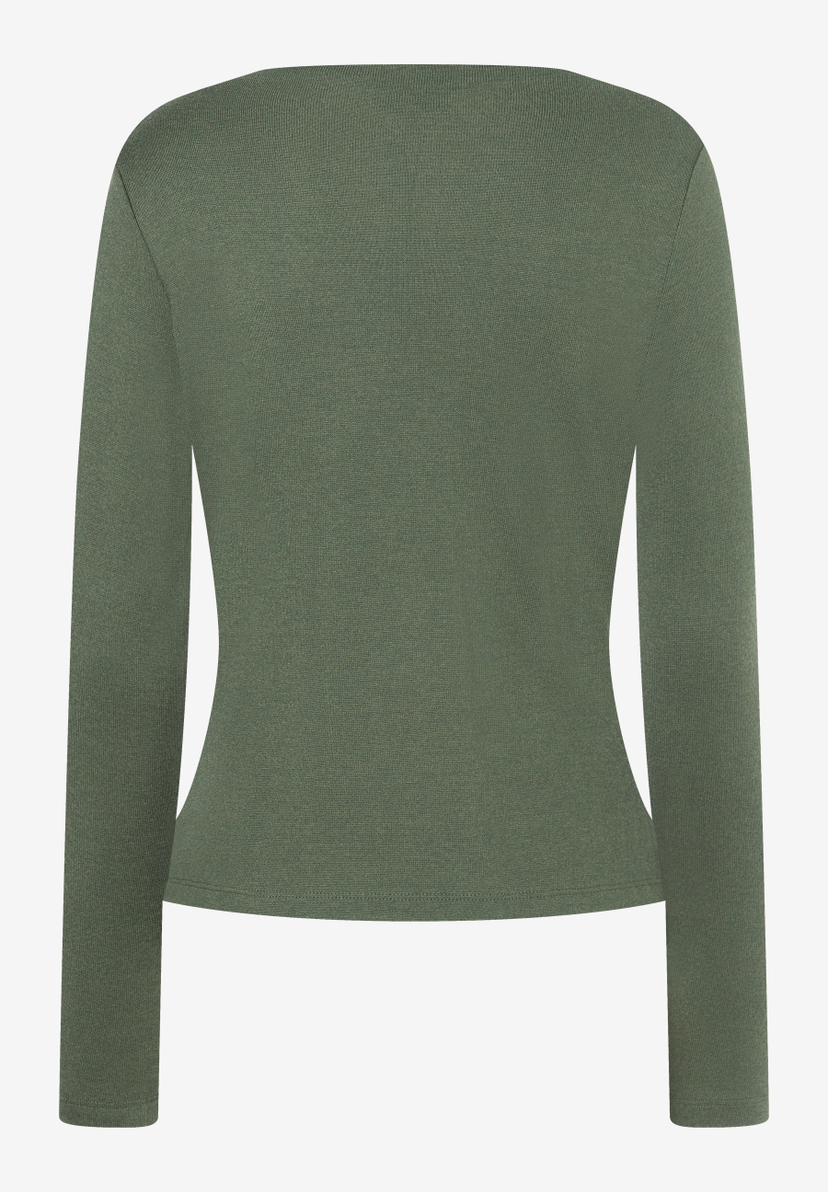 MORE & MORE Damen Langarm-Shirt in Olivgrün, Rückansicht. Schlichtes Top mit Rundhalsausschnitt und Rippstruktur. MORE & MORE Damen Langarm-Shirt in Olivgrün, Rückansicht. Schlichtes Top mit Rundhalsausschnitt und Rippstruktur.