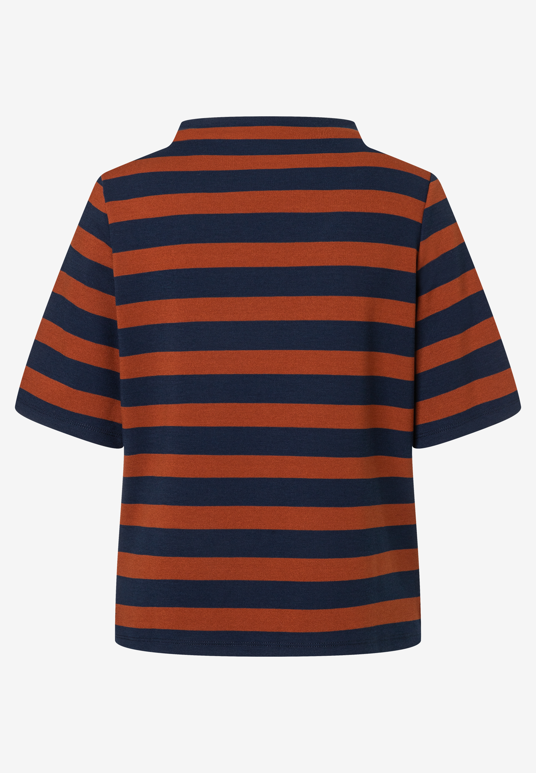 MORE & MORE Oberteil aus elastischem Jersey, braun-marineblau gestreift, mit kurzen Ärmeln und hohem Kragen. MORE & MORE Oberteil aus elastischem Jersey, braun-marineblau gestreift, mit kurzen Ärmeln und hohem Kragen.