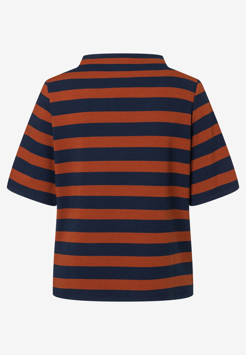 MORE & MORE Oberteil aus elastischem Jersey, braun-marineblau gestreift, mit kurzen Ärmeln und hohem Kragen. MORE & MORE Oberteil aus elastischem Jersey, braun-marineblau gestreift, mit kurzen Ärmeln und hohem Kragen.