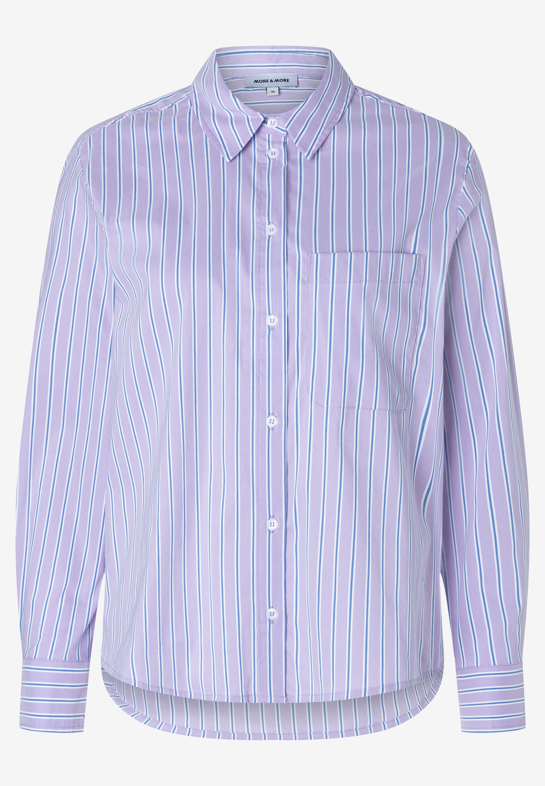 MORE & MORE Bluse: Eine lila Bluse mit dünnen blauen und weißen Streifen. Lange Ärmel und eine Brusttasche.