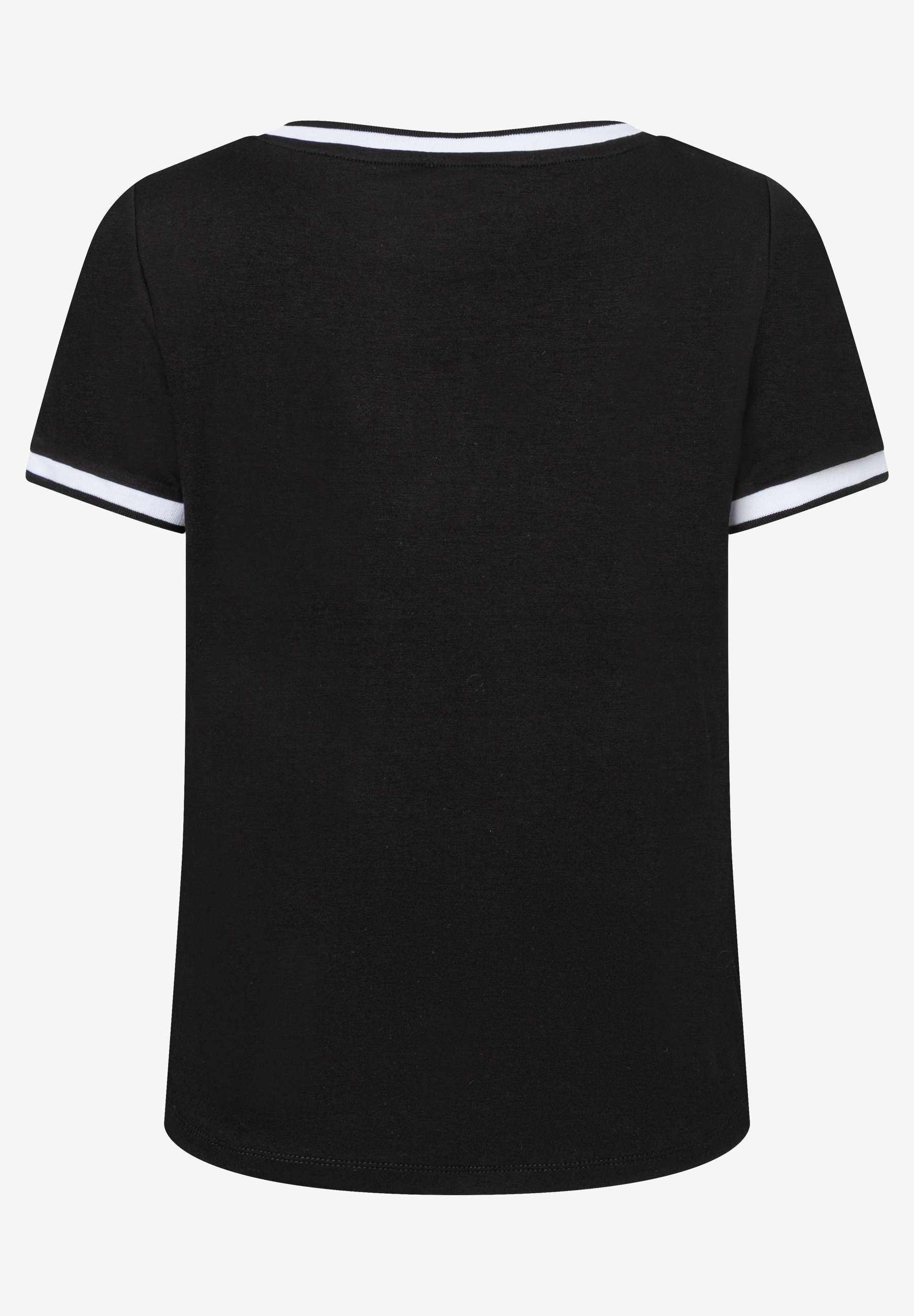 Schwarzes MORE & MORE T-Shirt mit weißen Bündchen und weißem Halsausschnitt. Schwarzes MORE & MORE T-Shirt mit weißen Bündchen und weißem Halsausschnitt.