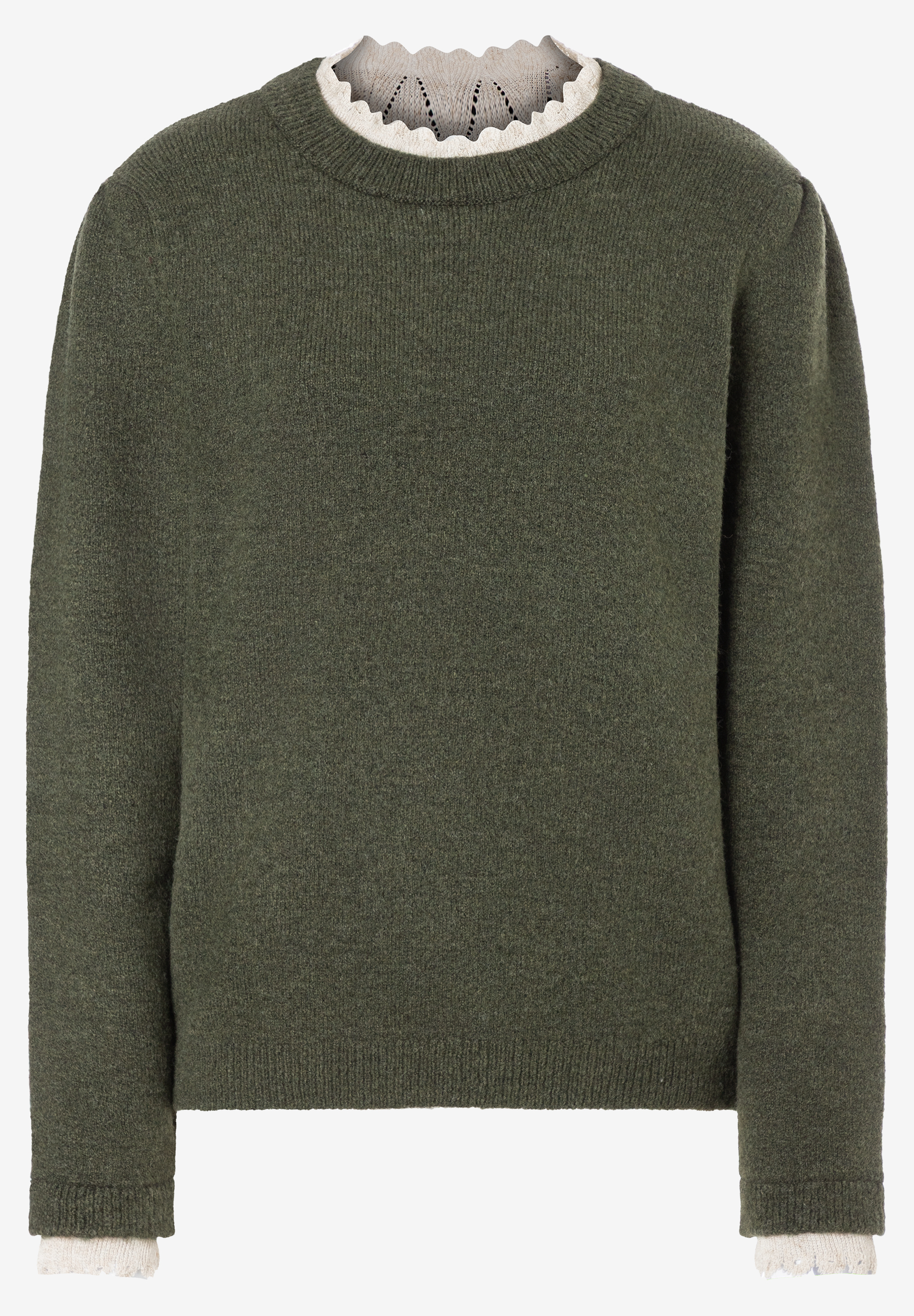 MORE & MORE Pullover: Khakifarbener Strickpullover mit Rundhalsausschnitt und krempelbaren Manschetten.