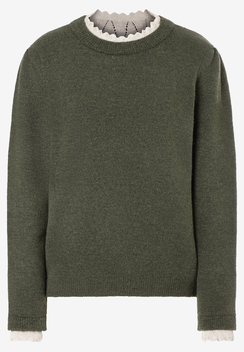 MORE & MORE Pullover: Khakifarbener Strickpullover mit Rundhalsausschnitt und krempelbaren Manschetten.