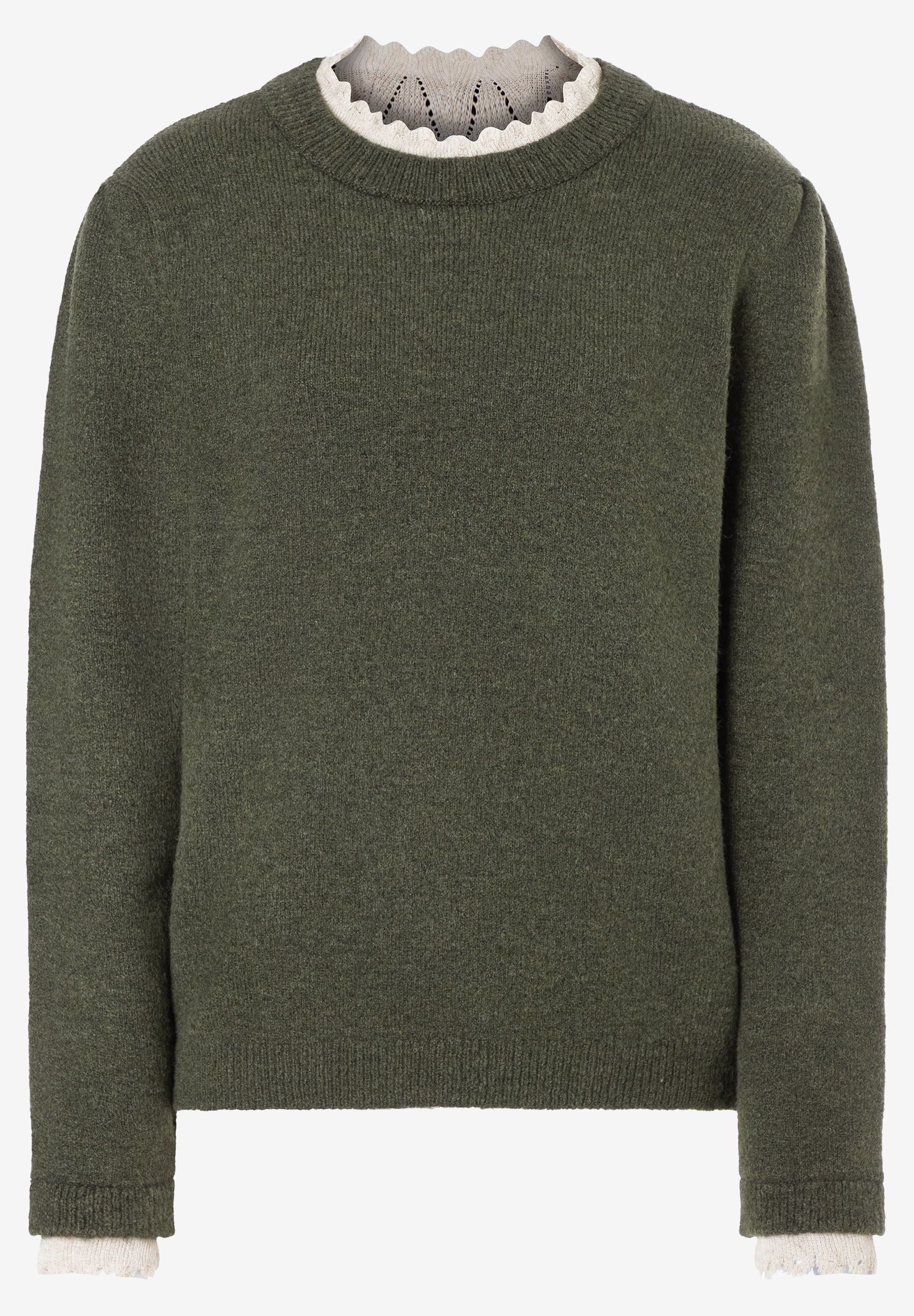 MORE & MORE Pullover: Khakifarbener Strickpullover mit Rundhalsausschnitt und krempelbaren Manschetten.