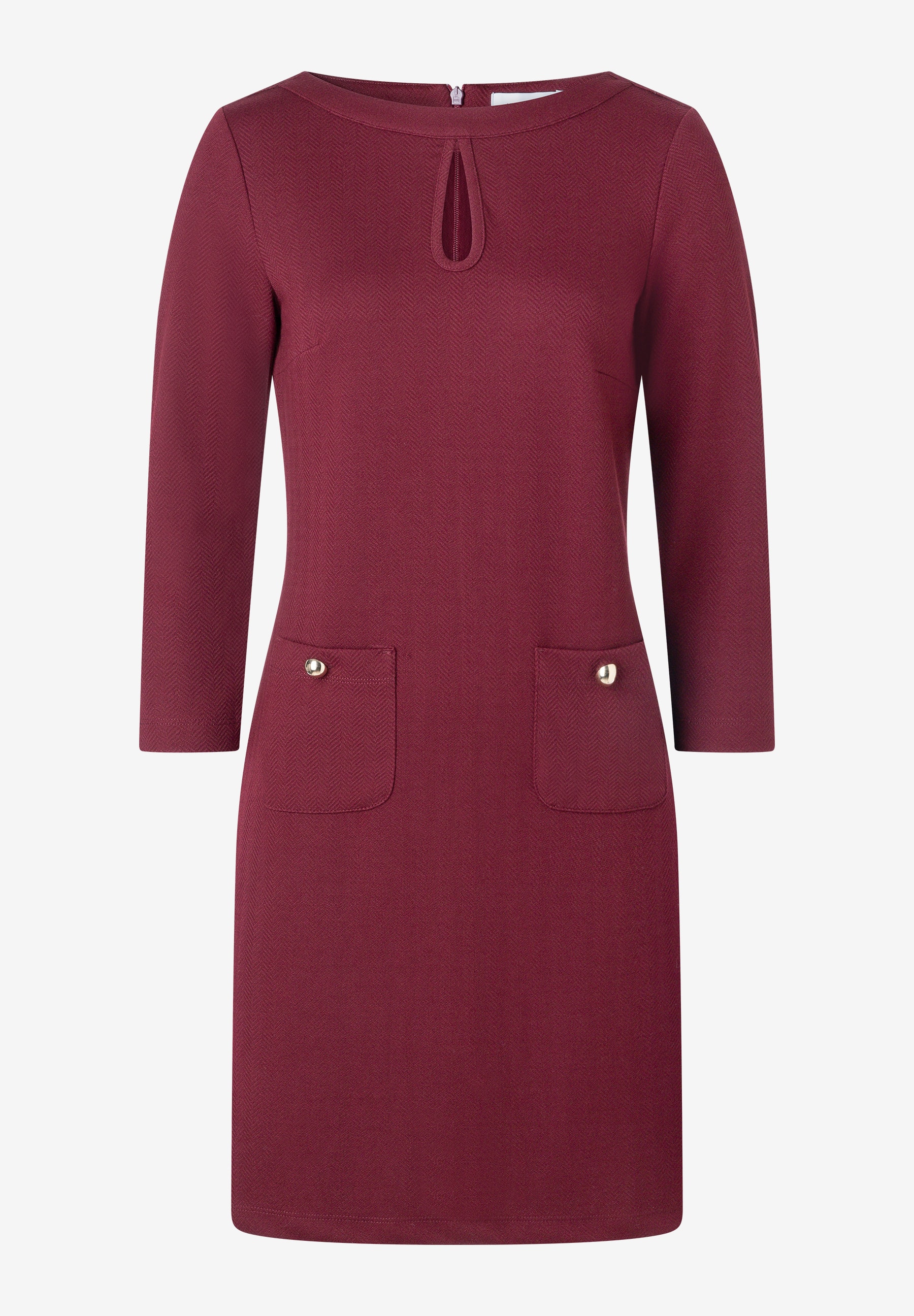 MORE & MORE Damen-Jerseykleid in Bordeauxrot mit Strukturmuster, Schlitz am Ausschnitt und zwei aufgesetzten Taschen. MORE & MORE Damen-Jerseykleid in Bordeauxrot mit Strukturmuster, Schlitz am Ausschnitt und zwei aufgesetzten Taschen.