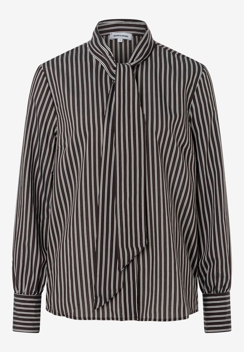 MORE & MORE Bluse: Schwarze Bluse mit weißen Streifen und Bindekragen MORE & MORE Bluse: Schwarze Bluse mit weißen Streifen und Bindekragen