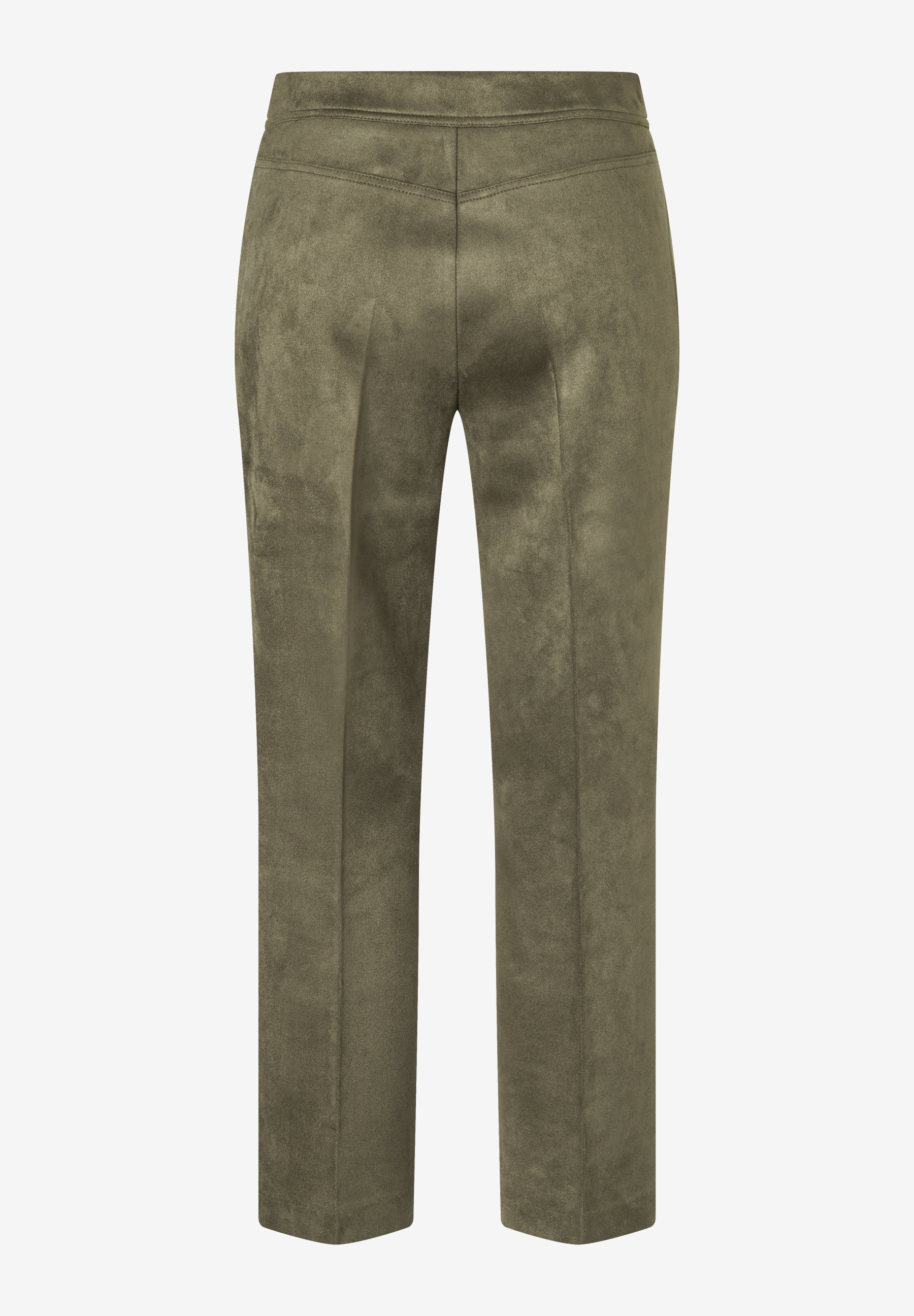 Eine MORE & MORE Hose/Jeans aus Kunstleder in Olivgrün mit angenehmem Tragekomfort und softem Griff, Frontansicht. Eine MORE & MORE Hose/Jeans aus Kunstleder in Olivgrün mit angenehmem Tragekomfort und softem Griff, Frontansicht.