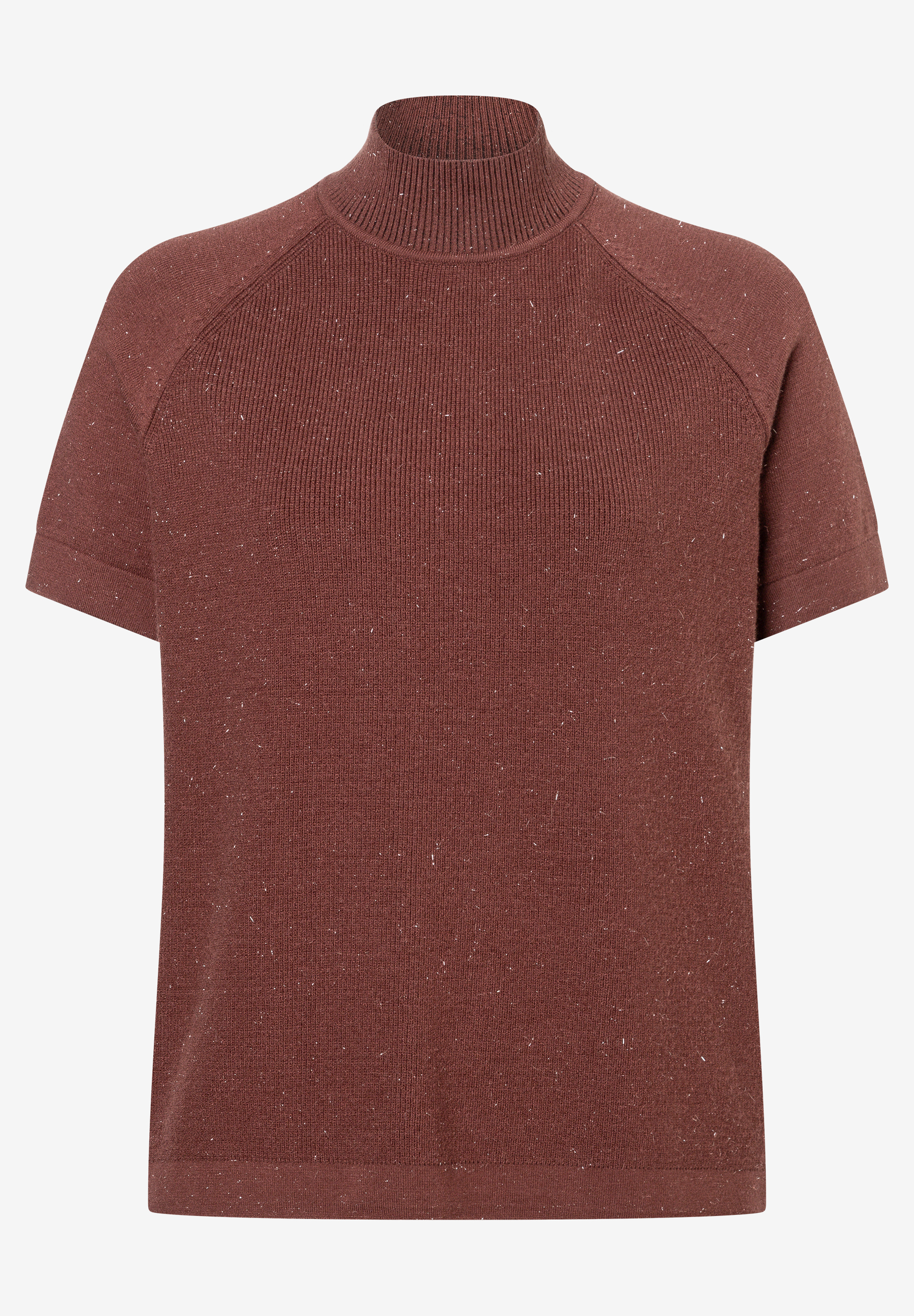 MORE & MORE Rippstrick-Pullover in Rostrot mit kurzen Ärmeln und Stehkragen, meliert, weich und elastisch. MORE & MORE Rippstrick-Pullover in Rostrot mit kurzen Ärmeln und Stehkragen, meliert, weich und elastisch.