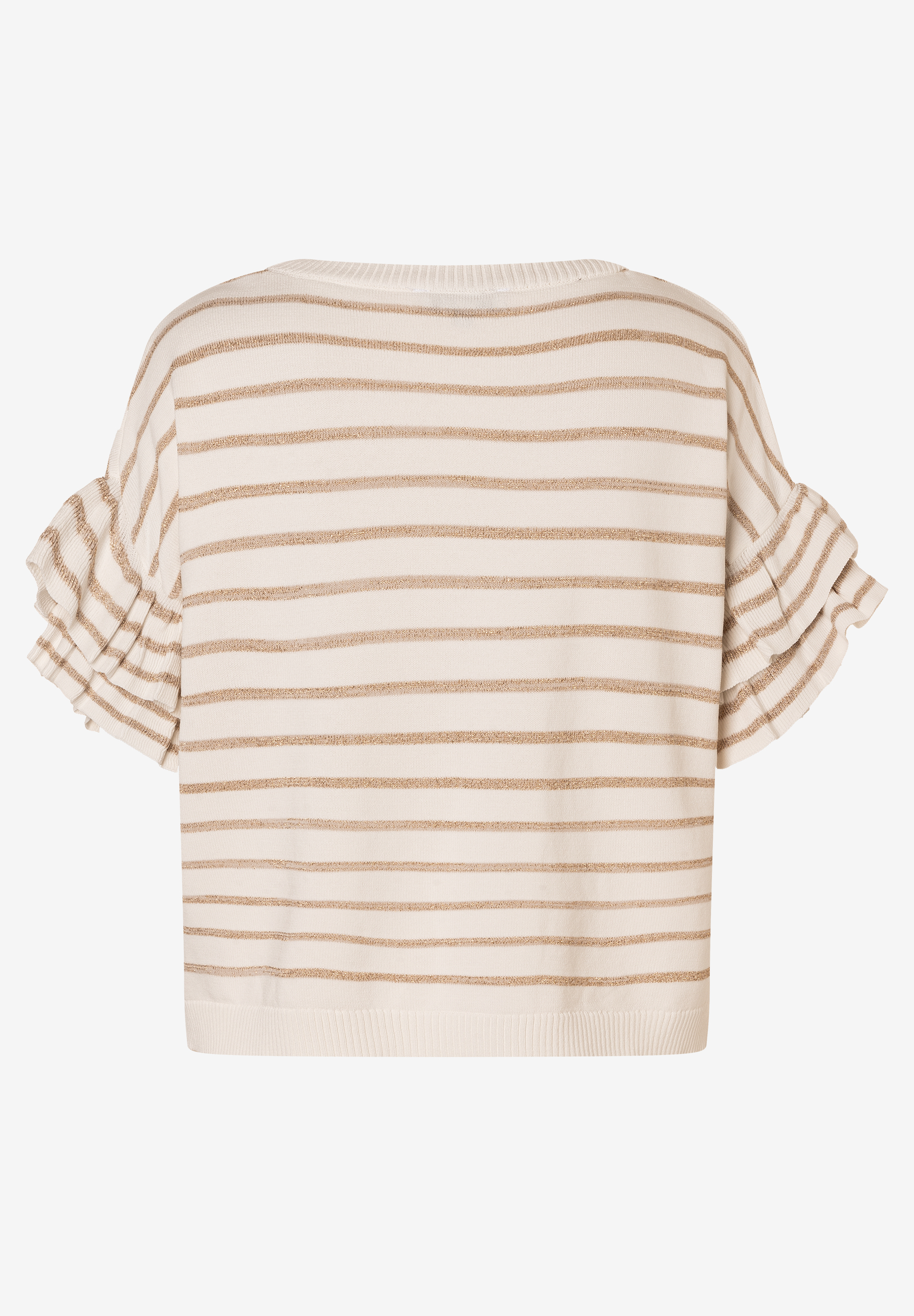 Ein MORE & MORE Strickpullover mit goldenen Streifen und Rüschenärmeln.