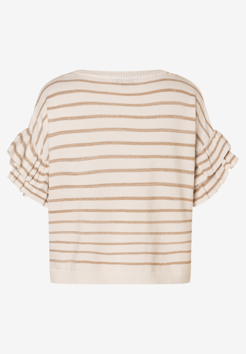 Ein MORE & MORE Strickpullover mit goldenen Streifen und Rüschenärmeln.