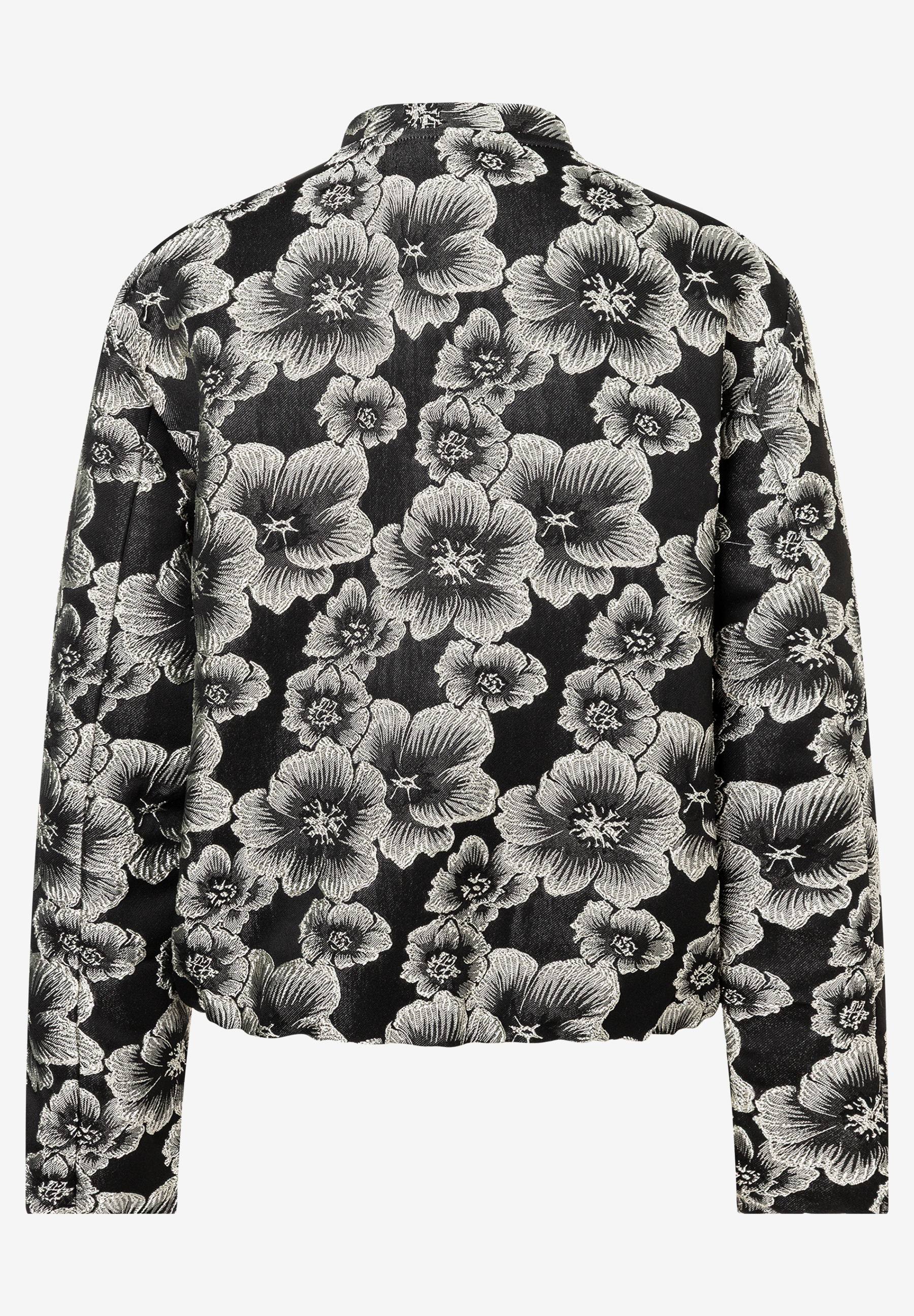 MORE & MORE Blazer mit Jacquard-Muster und floralem Design in Schwarz-Weiß, von hinten aufgenommen.