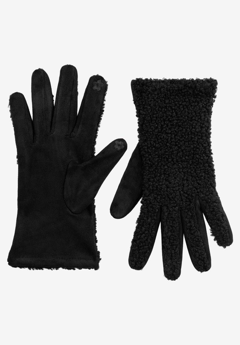 MORE & MORE schwarze Handschuhe. Links ist die Handfläche zu sehen, rechts die Oberseite mit Lammfell-Imitat. MORE & MORE schwarze Handschuhe. Links ist die Handfläche zu sehen, rechts die Oberseite mit Lammfell-Imitat.