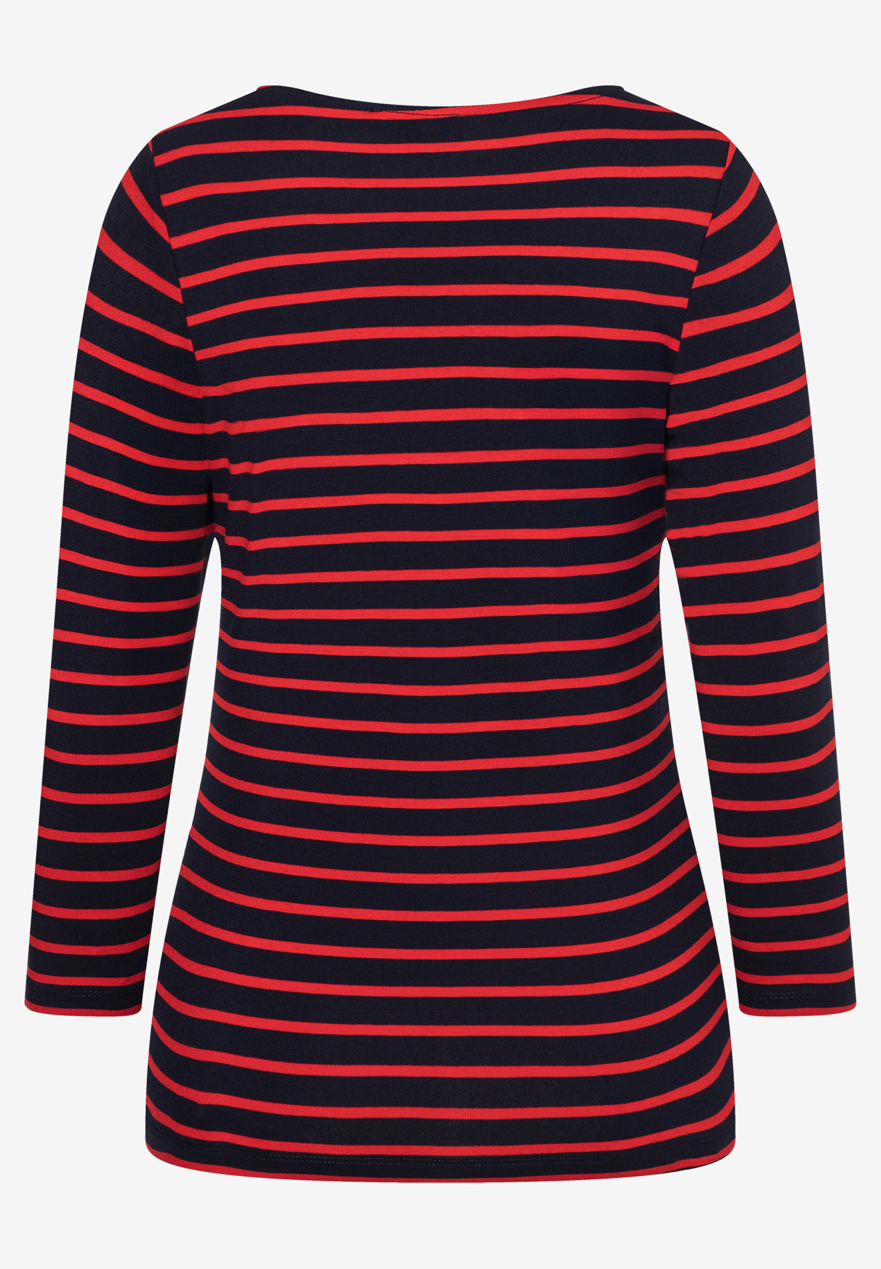 Ein MORE & MORE Oberteil mit roten Streifen auf dunklem Grund und Dreiviertelärmeln.