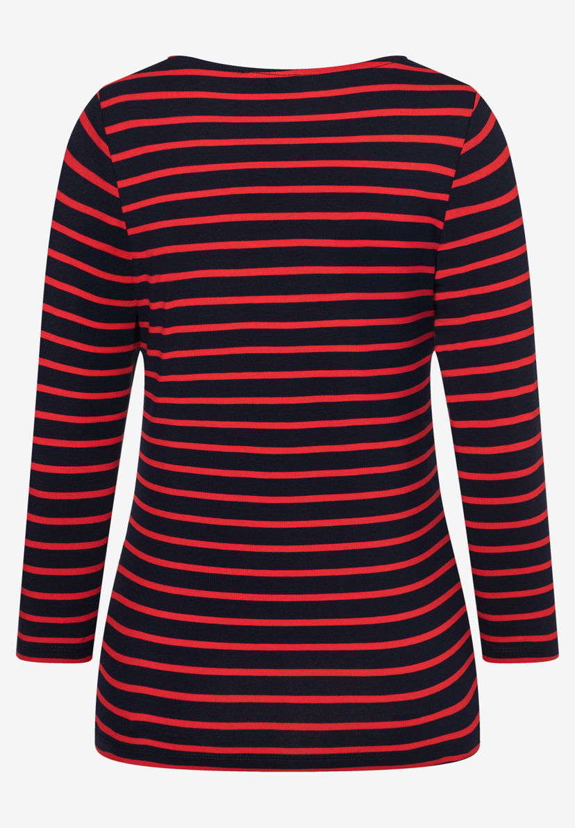 Ein MORE & MORE Oberteil mit roten Streifen auf dunklem Grund und Dreiviertelärmeln.