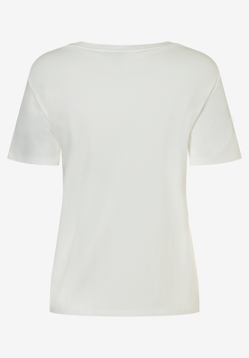 Rückansicht eines weißen MORE & MORE T-Shirts mit Jersey-Material für angenehmen Tragekomfort. Rückansicht eines weißen MORE & MORE T-Shirts mit Jersey-Material für angenehmen Tragekomfort.