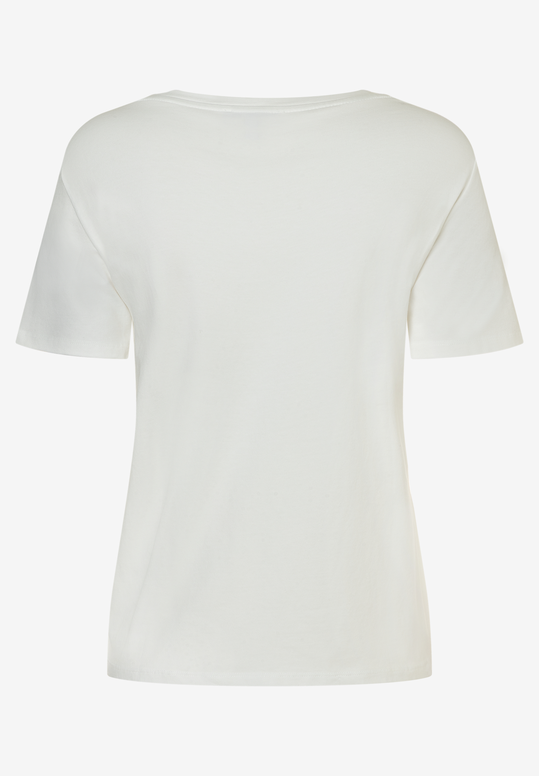 Rückansicht eines weißen MORE & MORE T-Shirts mit Jersey-Material für angenehmen Tragekomfort. Rückansicht eines weißen MORE & MORE T-Shirts mit Jersey-Material für angenehmen Tragekomfort.