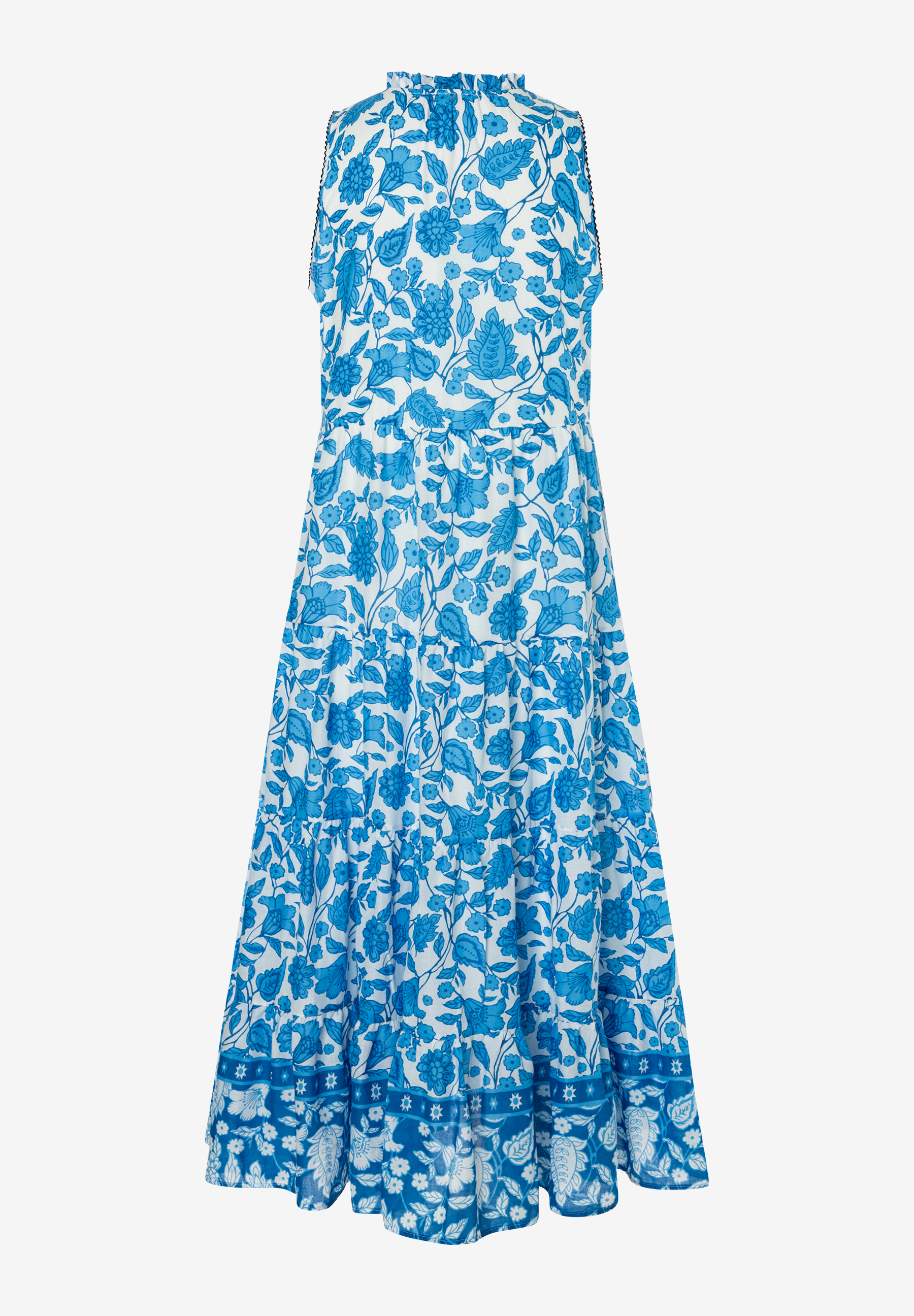MORE & MORE Maxikleid aus Webware in Weiß mit blauen Blumen- und Blattmotiven. Ärmellos mit Stehkragen und Rüschen. MORE & MORE Maxikleid aus Webware in Weiß mit blauen Blumen- und Blattmotiven. Ärmellos mit Stehkragen und Rüschen.