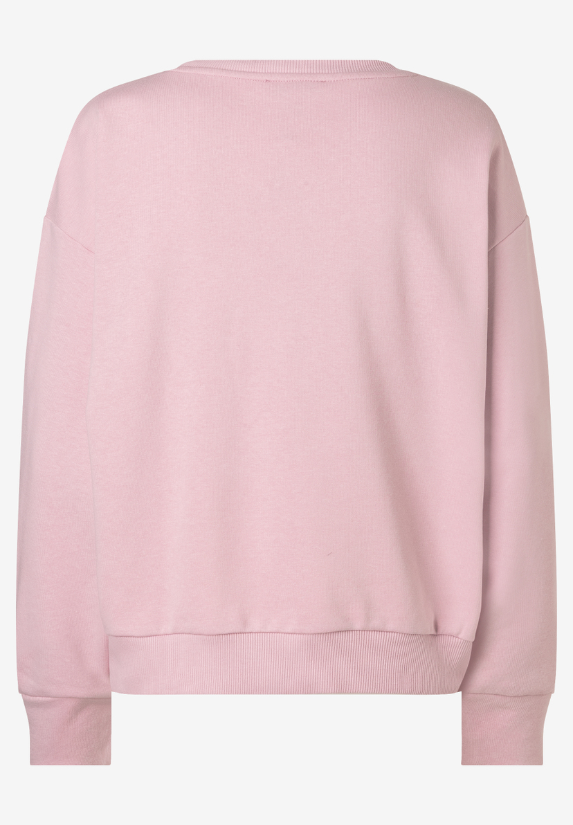 MORE & MORE Damen-Sweatshirt aus rosa Sweat-Material. Es hat lange Ärmel, einen Rundhalsausschnitt und Rippbündchen an Ärmeln und Saum.