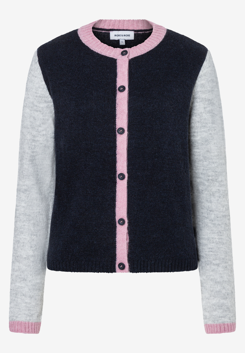 MORE & MORE Strickjacke: Dunkelblaue Strickjacke mit hellgrauen Ärmeln und rosa Kragen/Knopfleiste MORE & MORE Strickjacke: Dunkelblaue Strickjacke mit hellgrauen Ärmeln und rosa Kragen/Knopfleiste