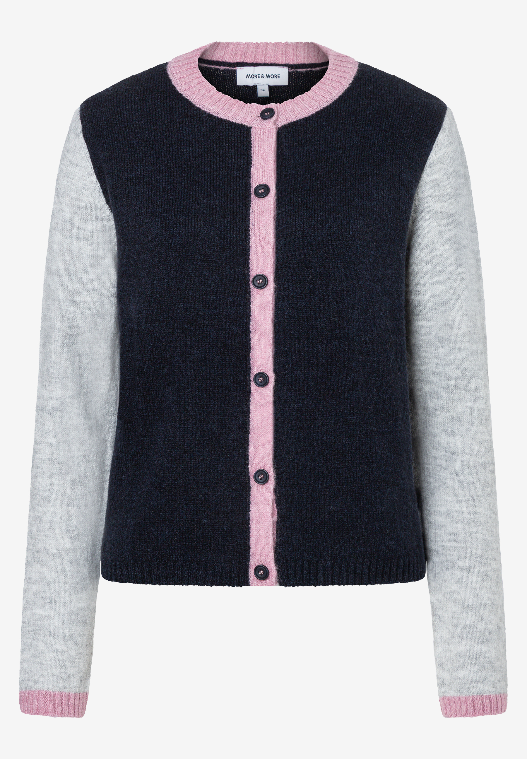 MORE & MORE Strickjacke: Dunkelblaue Strickjacke mit hellgrauen Ärmeln und rosa Kragen/Knopfleiste