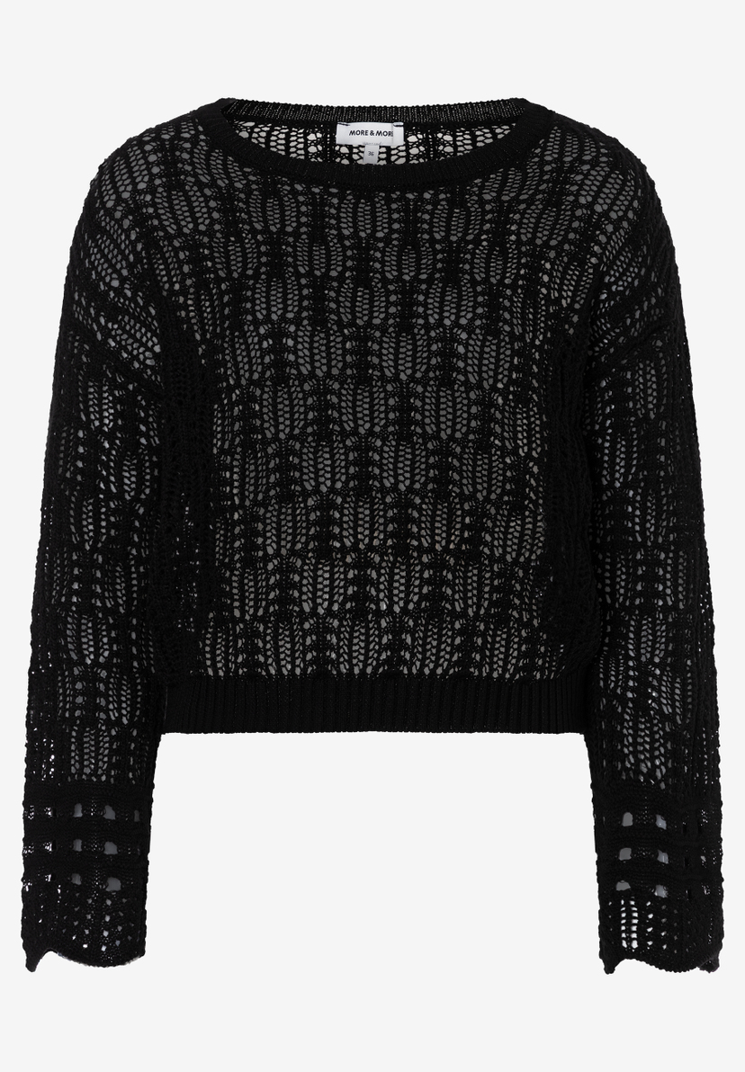 MORE & MORE schwarzer transparenter Lochstrick-Pullover mit langen Ärmeln und Rundhalskragen MORE & MORE schwarzer transparenter Lochstrick-Pullover mit langen Ärmeln und Rundhalskragen