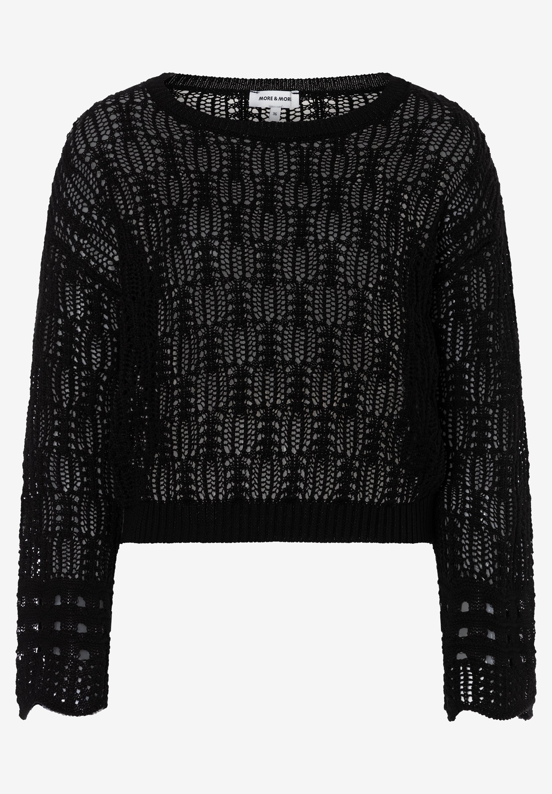 MORE & MORE schwarzer transparenter Lochstrick-Pullover mit langen Ärmeln und Rundhalskragen MORE & MORE schwarzer transparenter Lochstrick-Pullover mit langen Ärmeln und Rundhalskragen
