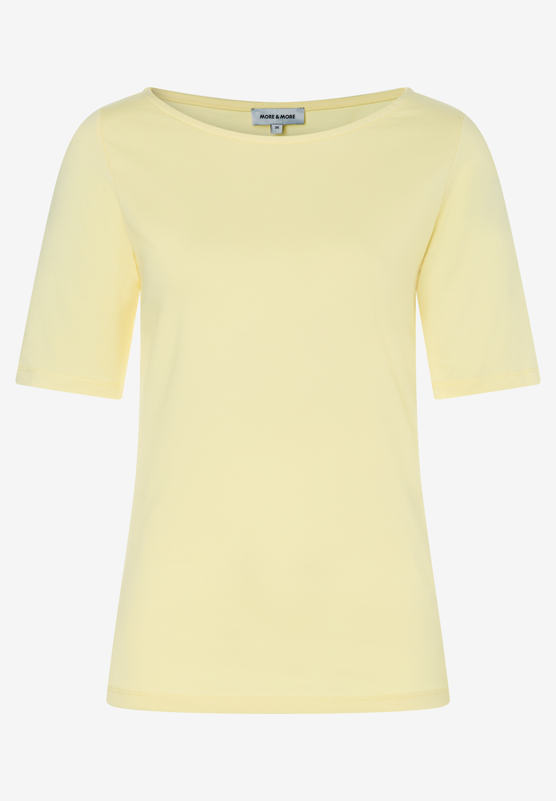 MORE & MORE Jersey-T-Shirt in Hellgelb. Elastisches, hautfreundliches Oberteil mit U-Boot-Ausschnitt und kurzen Ärmeln. MORE & MORE Jersey-T-Shirt in Hellgelb. Elastisches, hautfreundliches Oberteil mit U-Boot-Ausschnitt und kurzen Ärmeln.