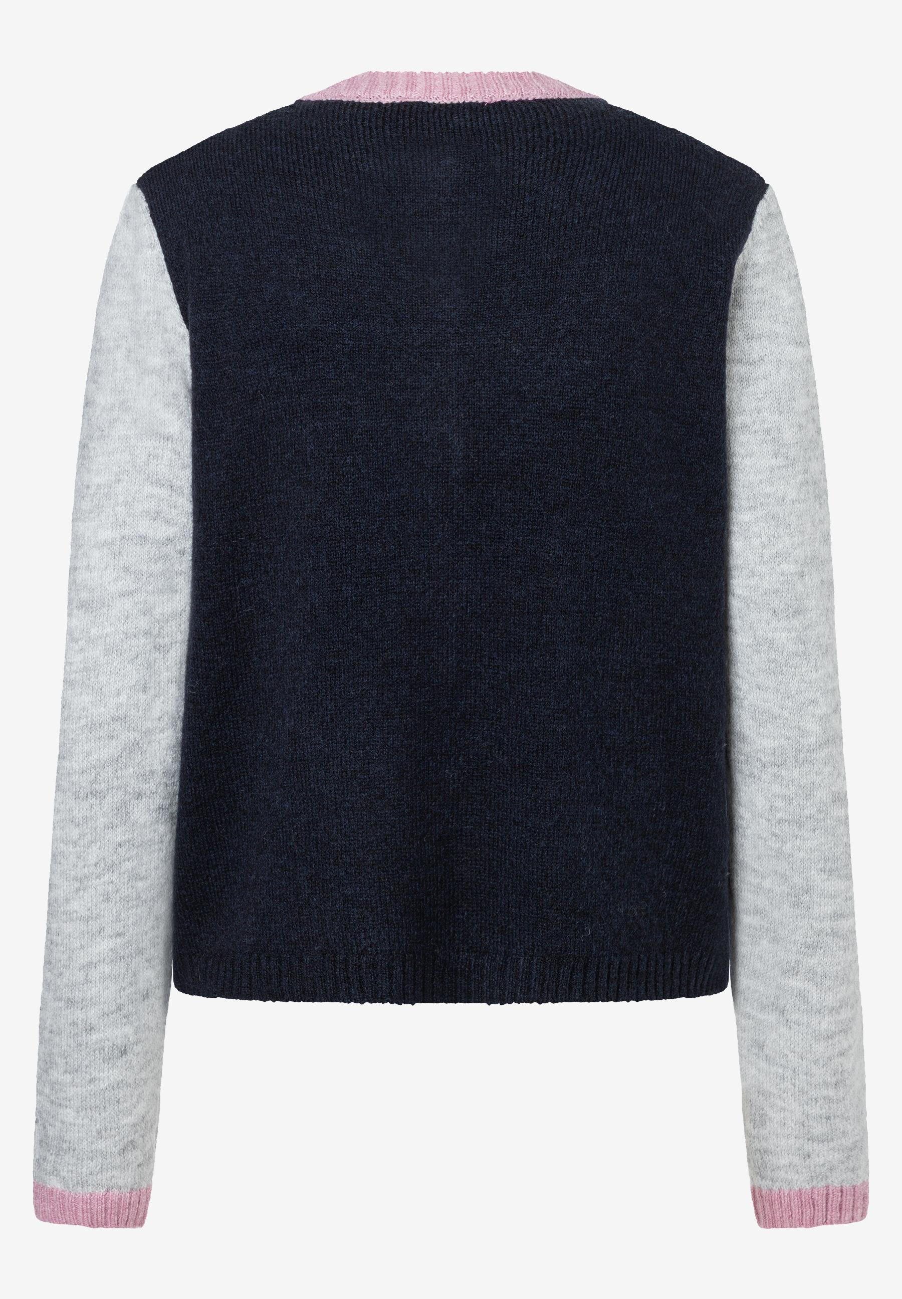MORE & MORE Strickpullover in Navy mit hellgrauen Ärmeln, pinkfarbenem Kragen und Ärmelabschlüssen.