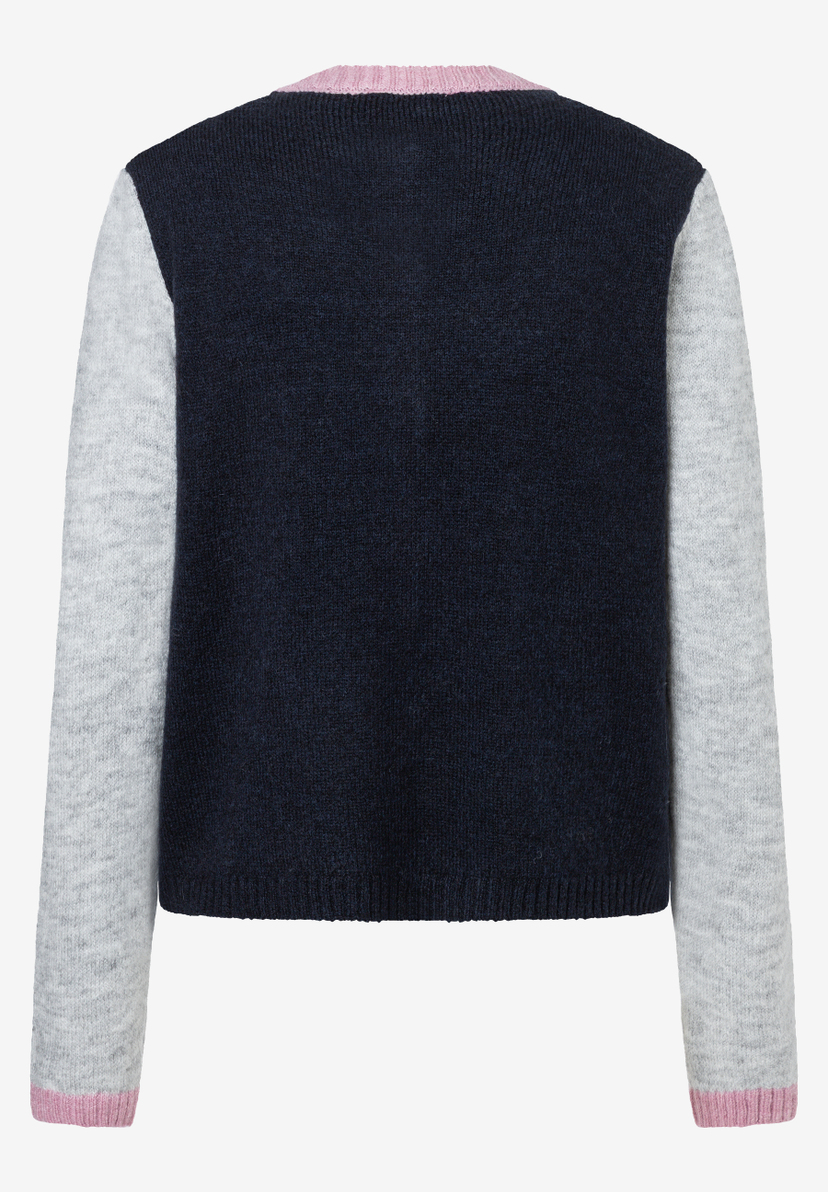 MORE & MORE Strickpullover in Navy mit hellgrauen Ärmeln, pinkfarbenem Kragen und Ärmelabschlüssen. MORE & MORE Strickpullover in Navy mit hellgrauen Ärmeln, pinkfarbenem Kragen und Ärmelabschlüssen.