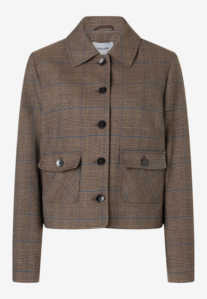 MORE & MORE Kurz-Blazer in Braun und Hellbraun mit Glencheck-Muster und blauen Streifen.