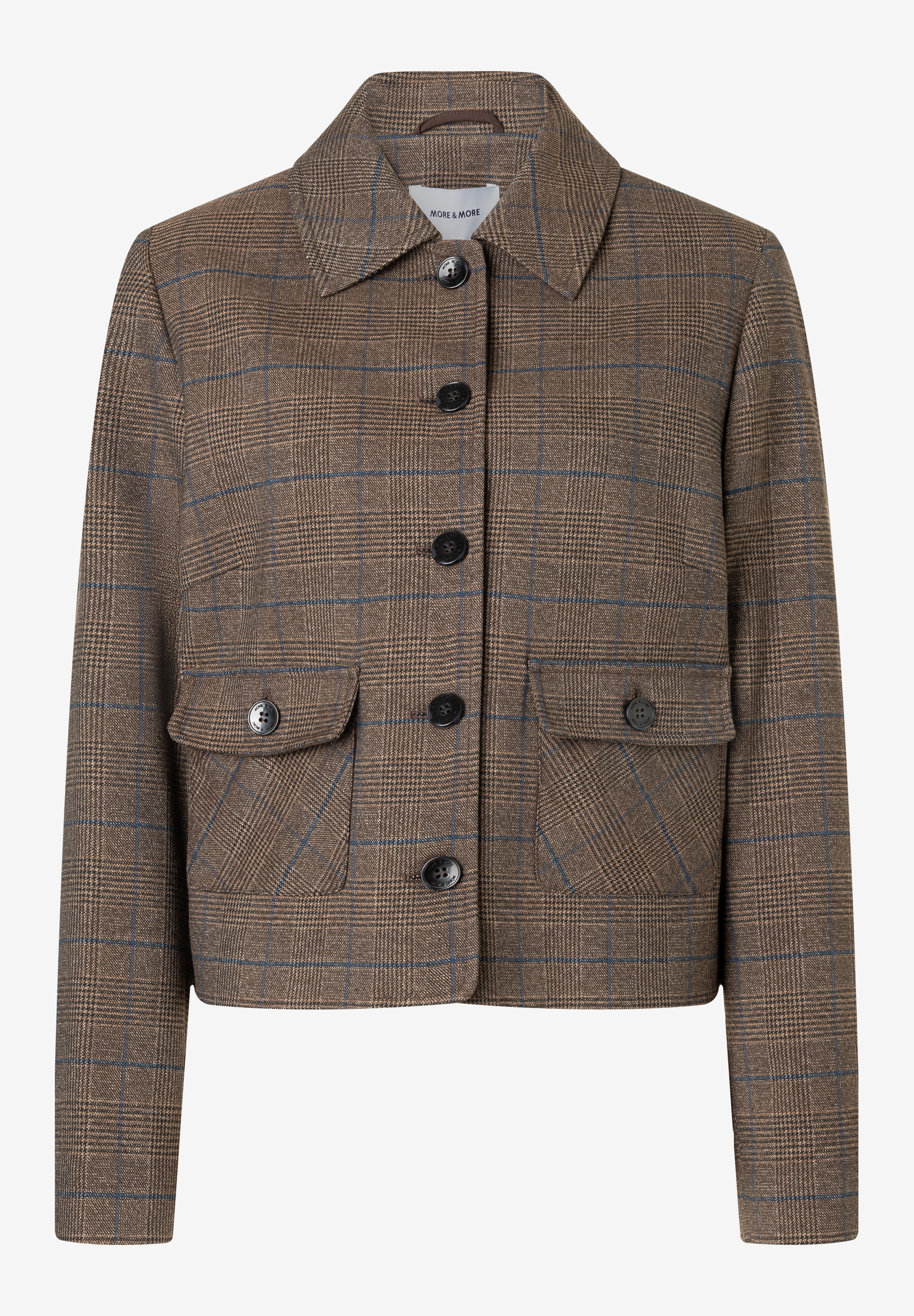MORE & MORE Kurz-Blazer in Braun und Hellbraun mit Glencheck-Muster und blauen Streifen. MORE & MORE Kurz-Blazer in Braun und Hellbraun mit Glencheck-Muster und blauen Streifen.