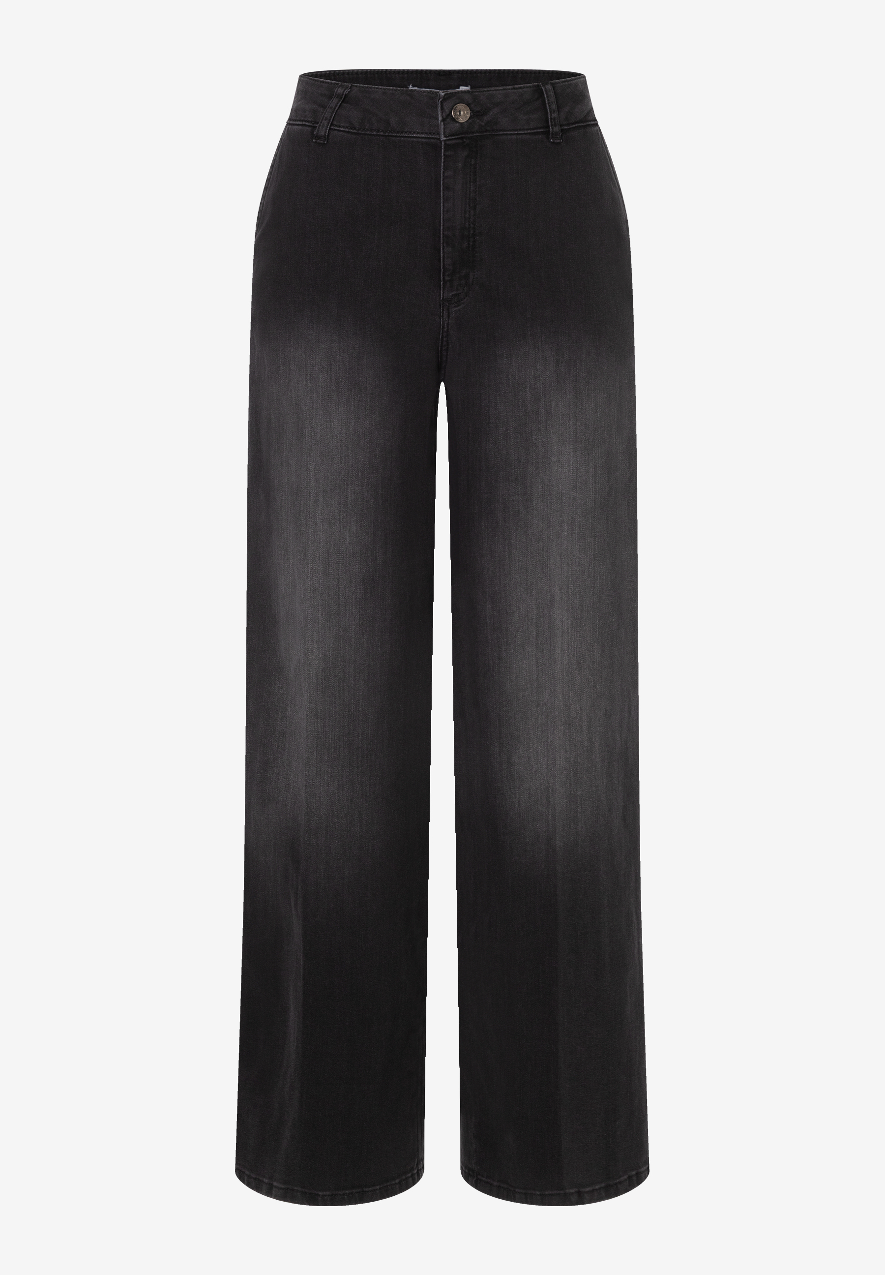 MORE & MORE Jeans: dunkelgraue High-Waist Jeans mit weitem Bein. Die Jeans hat einen Knopfverschluss.