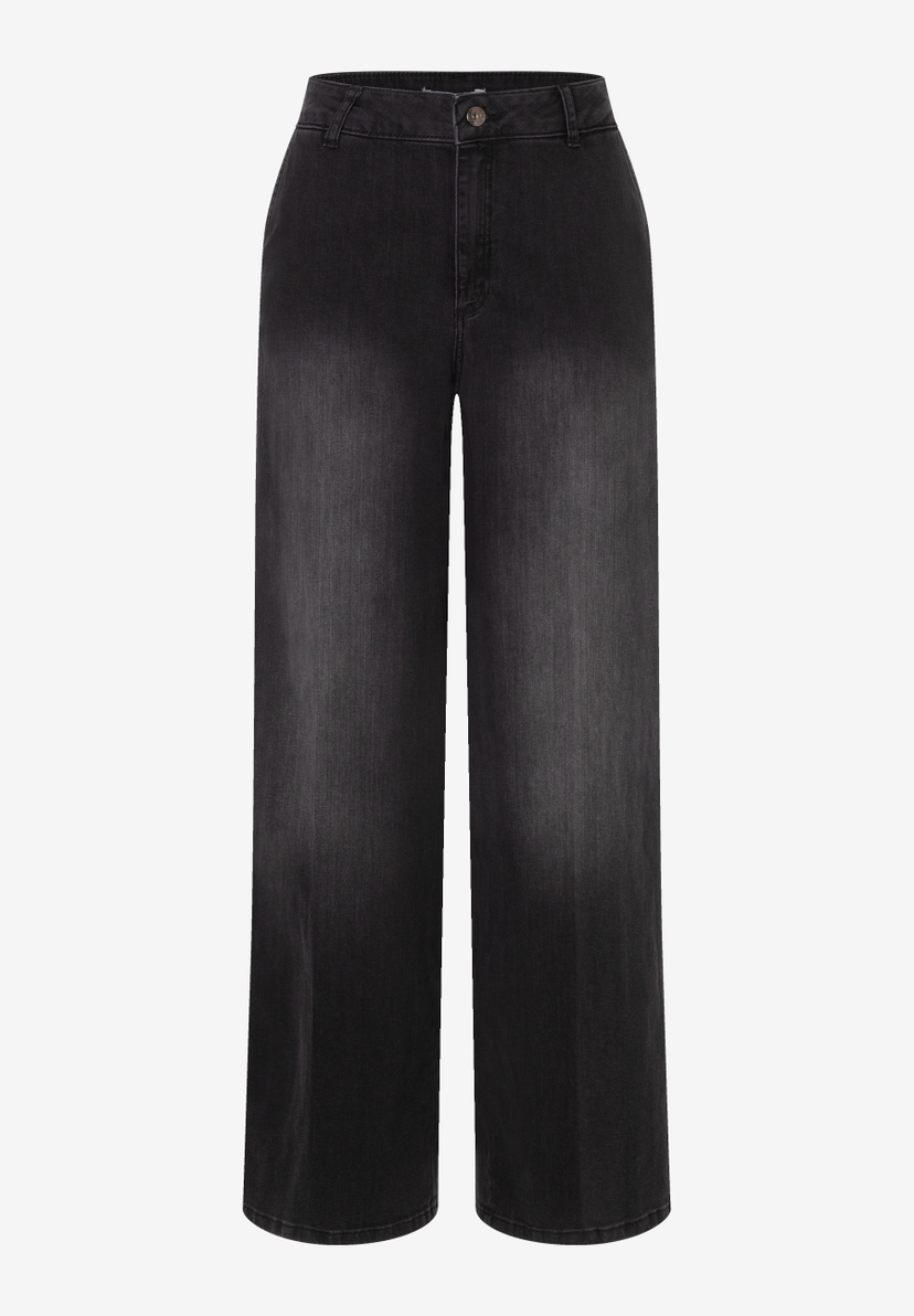 MORE & MORE Jeans: dunkelgraue High-Waist Jeans mit weitem Bein. Die Jeans hat einen Knopfverschluss. MORE & MORE Jeans: dunkelgraue High-Waist Jeans mit weitem Bein. Die Jeans hat einen Knopfverschluss.