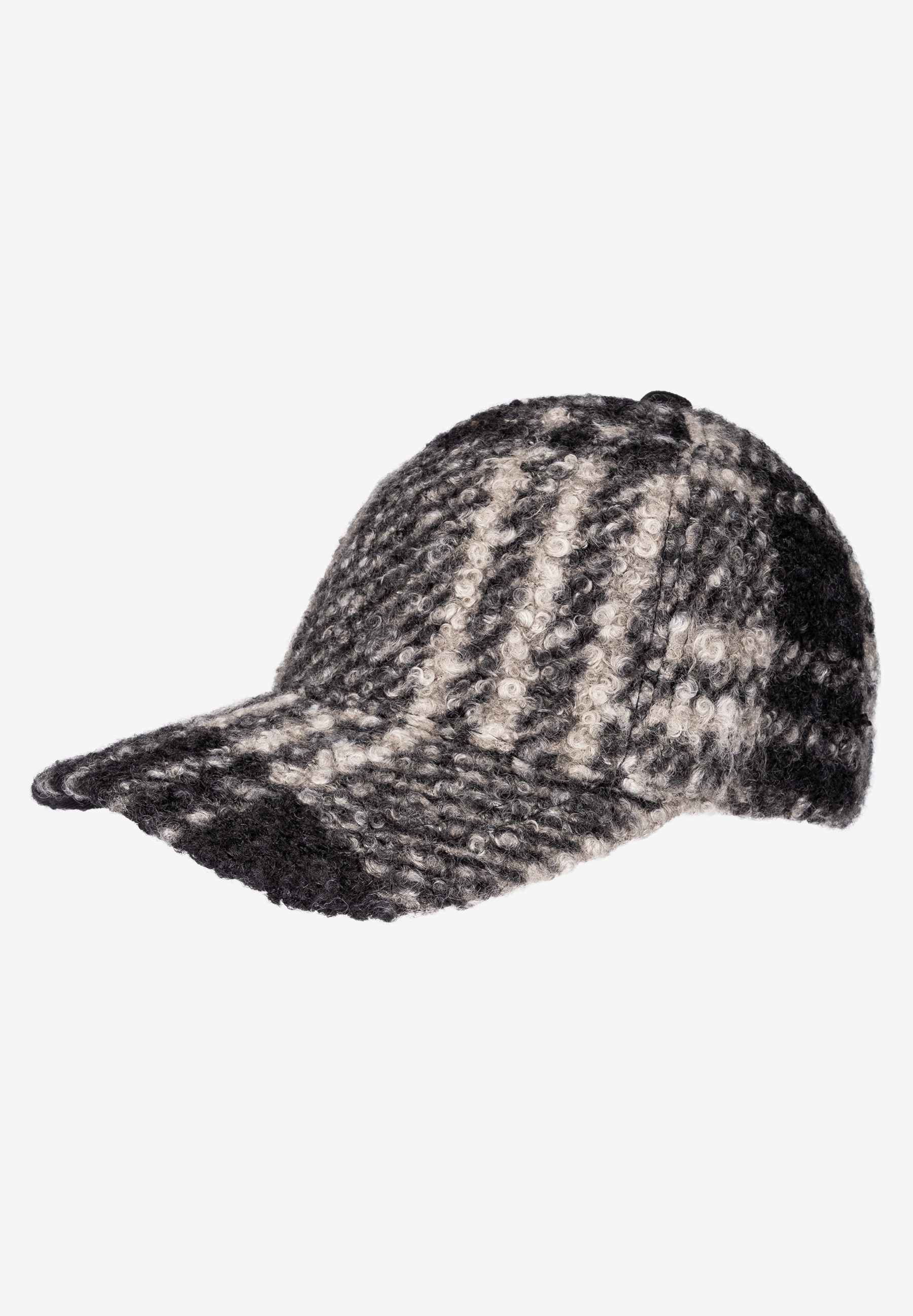MORE & MORE Accessoire: Eine schwarz-weiß gemusterte Baseballkappe aus Bouclé-Stoff mit geradem Schirm.