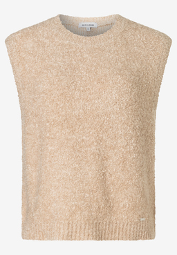 MORE & MORE Pullover in Beige aus Bouclé-Strick. Der ärmellose Strickpullover hat einen Rundhalsausschnitt und Rippbündchen.