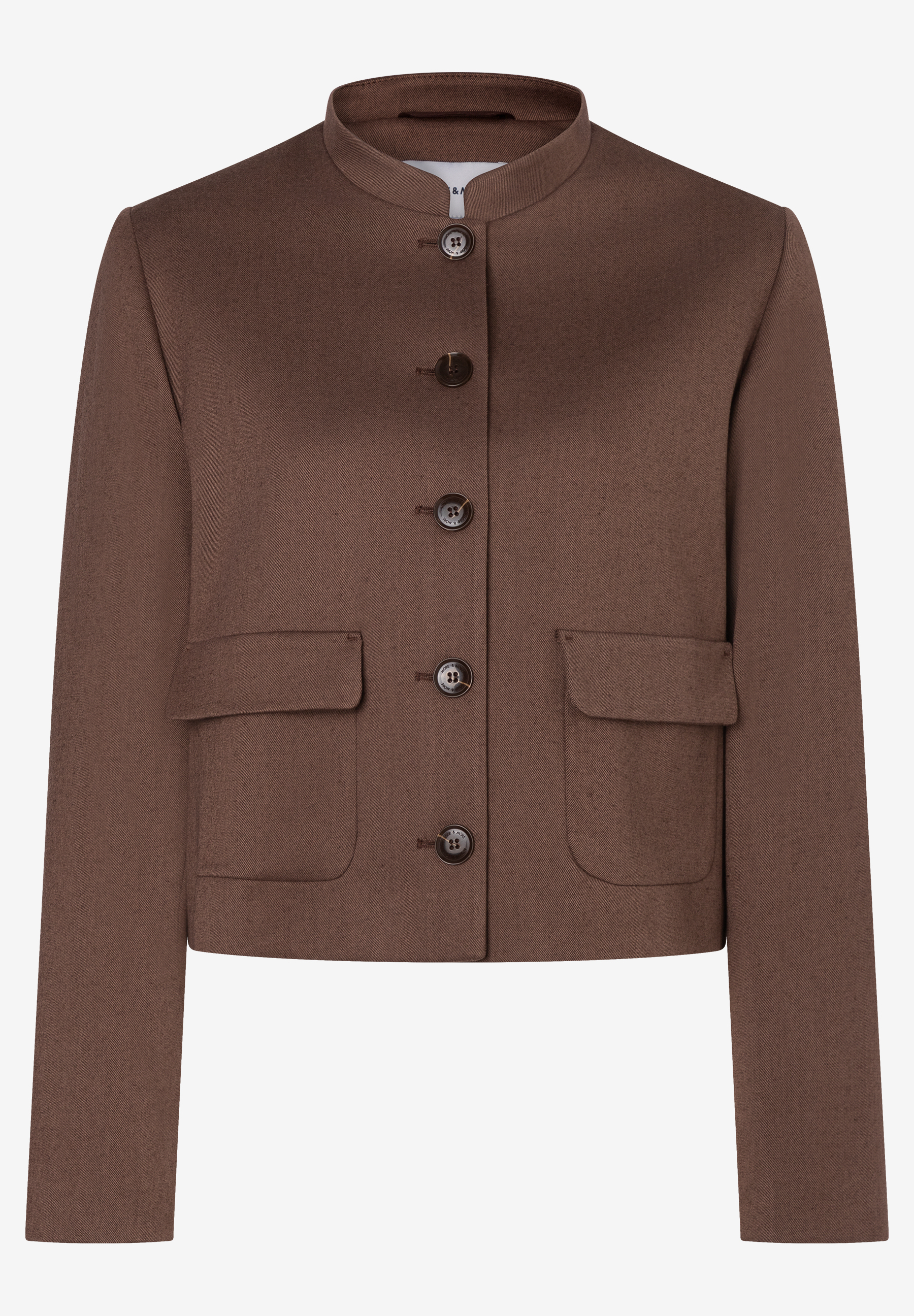 MORE & MORE Blazer: Braune, kurz geschnittene Jacke mit Stehkragen, Knopfleiste und Pattentaschen. Elastisch, Webware.