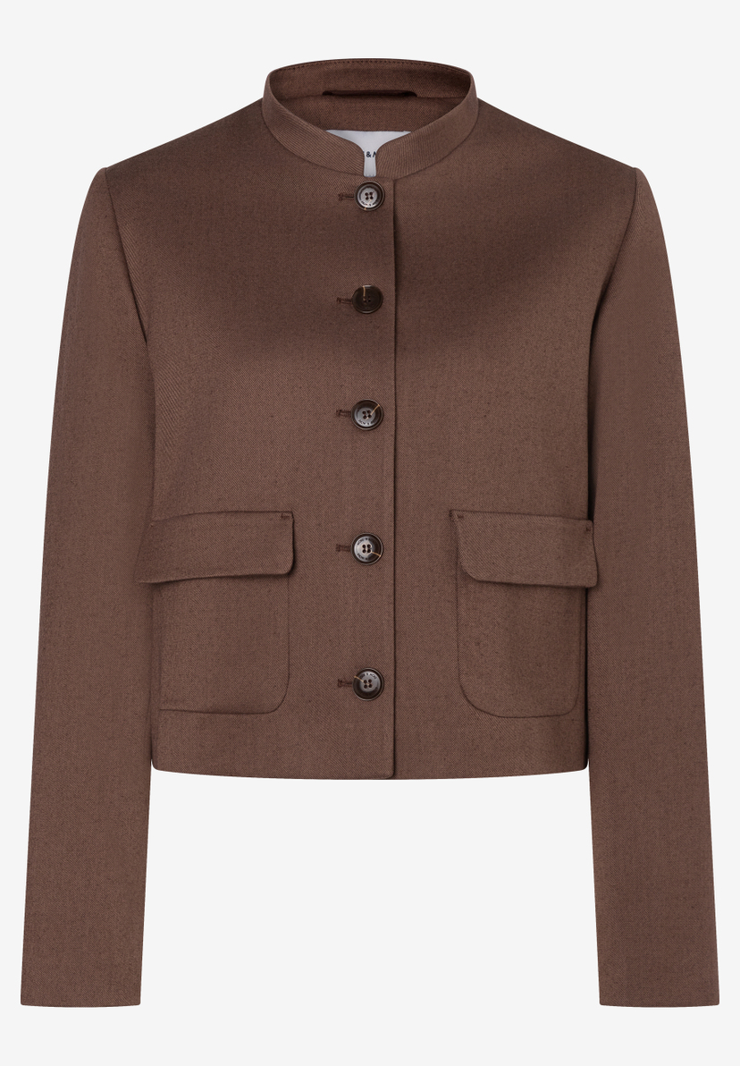 MORE & MORE Blazer: Braune, kurz geschnittene Jacke mit Stehkragen, Knopfleiste und Pattentaschen. Elastisch, Webware.