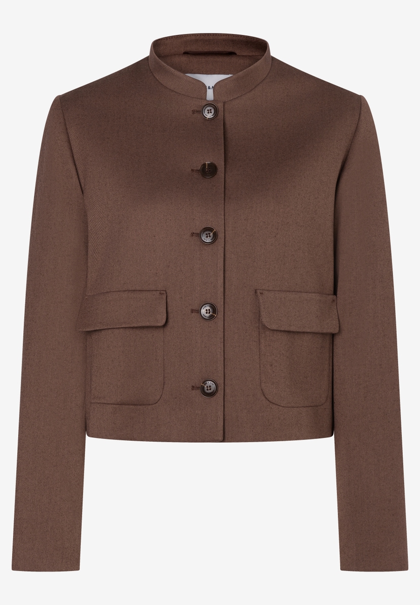 MORE & MORE Blazer in Dunkelbraun, Stehkragen, Knopfleiste mit sechs Knöpfen, zwei aufgesetzte Klappentaschen. MORE & MORE Blazer in Dunkelbraun, Stehkragen, Knopfleiste mit sechs Knöpfen, zwei aufgesetzte Klappentaschen.