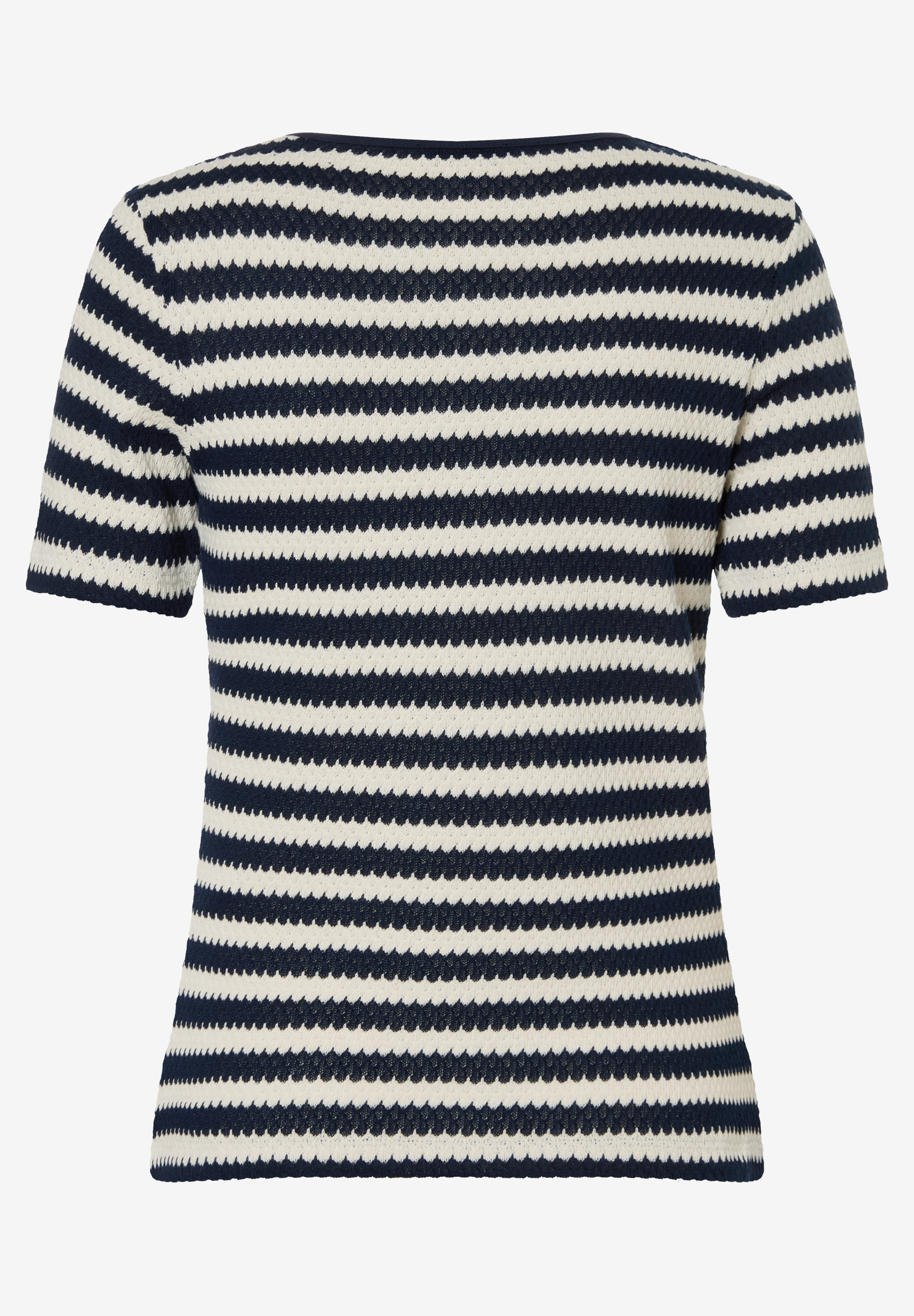 Ein gestreiftes MORE & MORE T-Shirt mit kurzen Ärmeln in Marineblau und Weiß. Ein gestreiftes MORE & MORE T-Shirt mit kurzen Ärmeln in Marineblau und Weiß.
